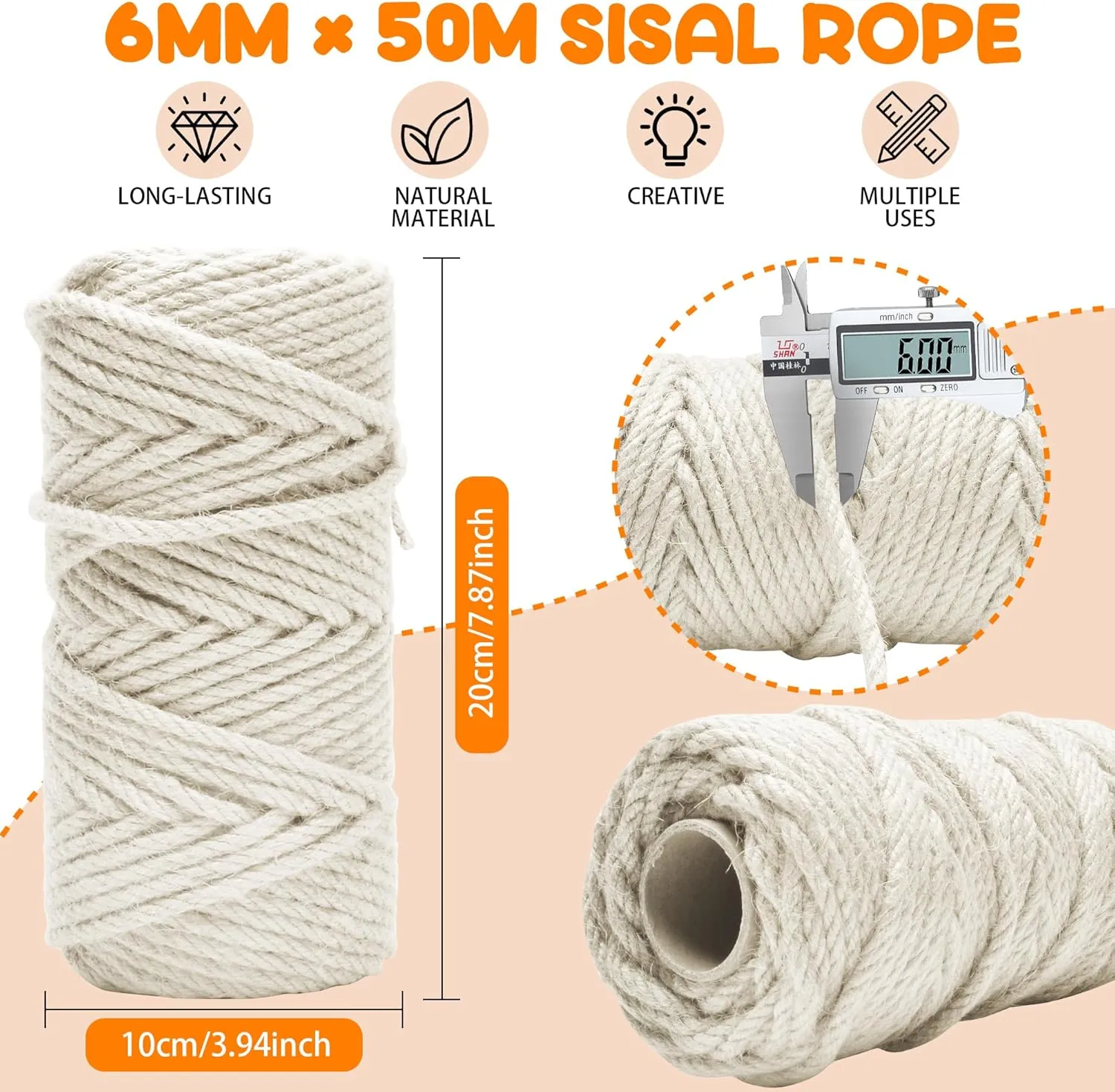 164FT/50M Cat Scratching Sisal Rope, 6mm Thick Natural Jute Rope for Scratch Posts, Cat Trees, DIY Projects, Sisal Rope for Cat Scratcher with 2 Cat Mouse Toys (White, 164ft)