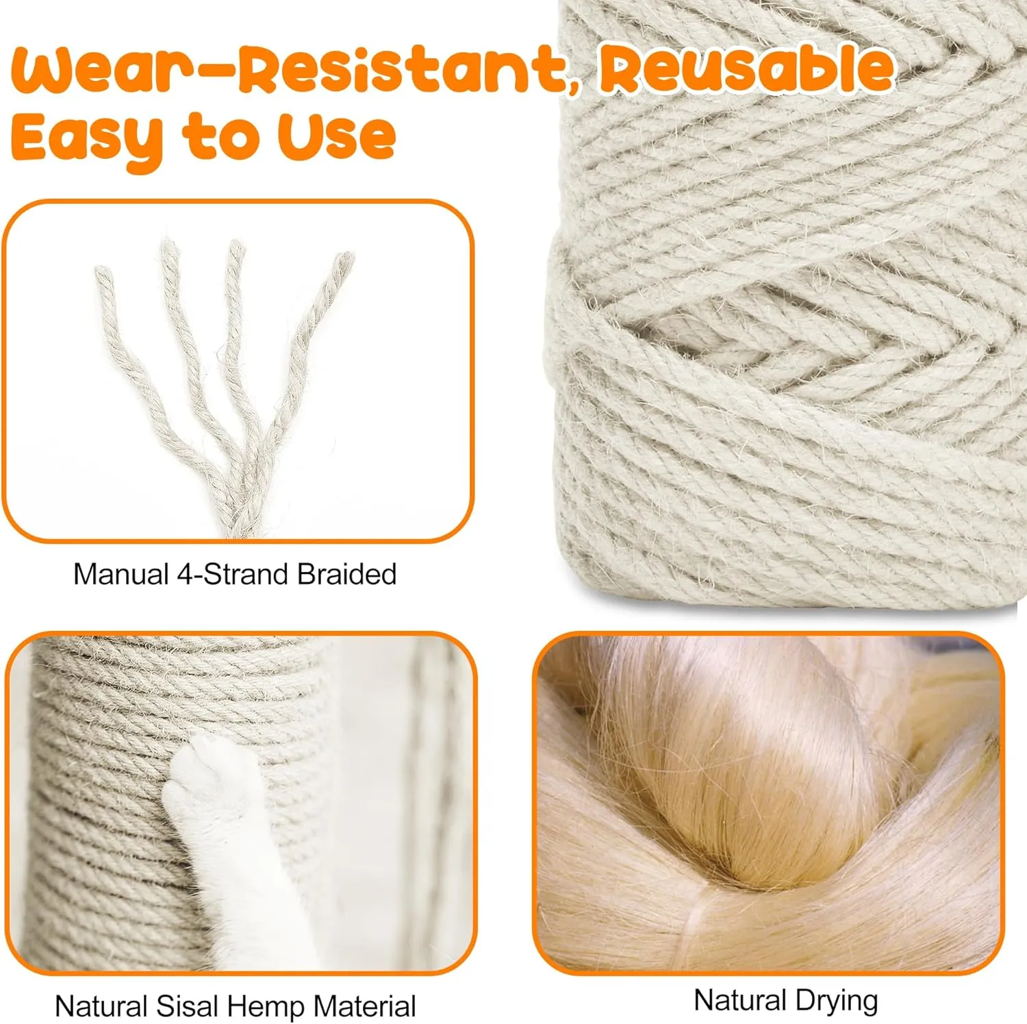 164FT/50M Cat Scratching Sisal Rope, 6mm Thick Natural Jute Rope for Scratch Posts, Cat Trees, DIY Projects, Sisal Rope for Cat Scratcher with 2 Cat Mouse Toys (White, 164ft)