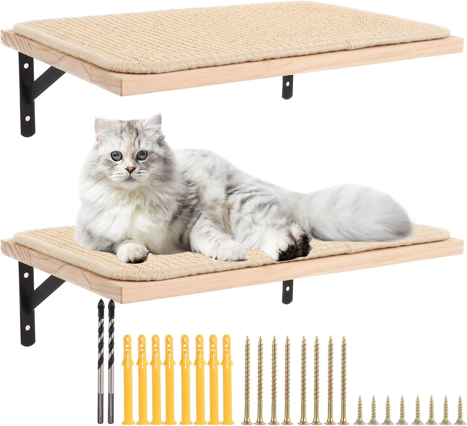 2 Pack Cat Wall Shelves with Sisal Mat, 16 x 10 Inch Wooden Cat Wall Furniture, Wall-Mounted Cat Floating Shelf, Cat Wall Hammock Cat Wall Steps Cat Wall Bed for Sleeping, Playing & Scratching