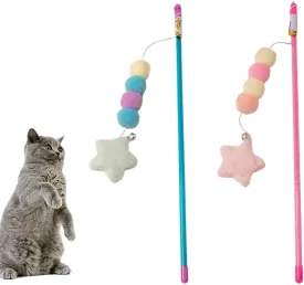 2-Pack Cat Wand Toys,Interactive Play Stick with Elastic Rope Plush Pendant Toy for Small Kitten Cats Exercise (2 Colors)