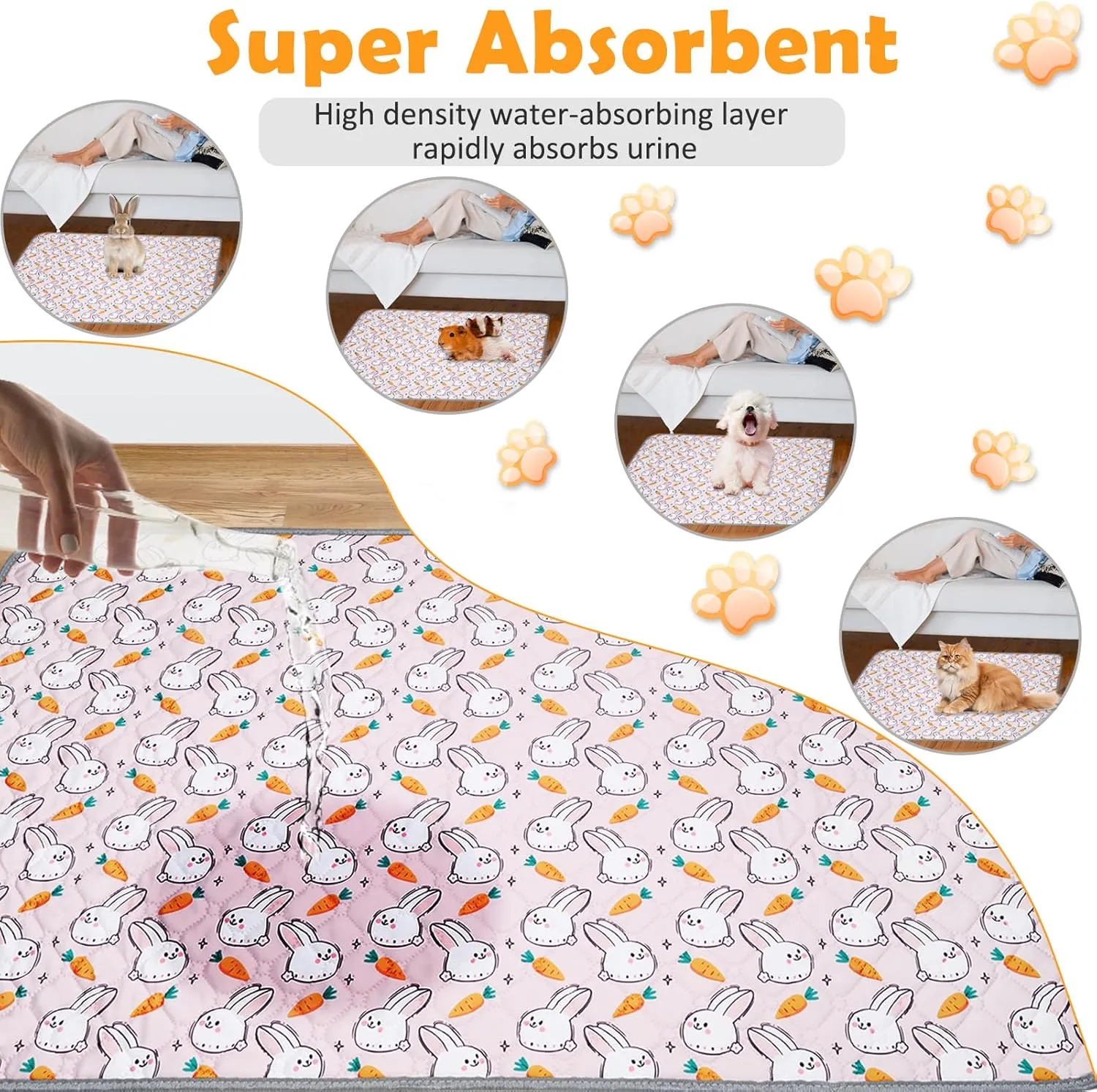 2 Pack Reusable Guinea Pig Cage Liners, 47" x 24" Washable Guinea Pig Pee Pads, Super Absorbent Waterproof Anti Slip Pee Pad, Guinea Pig Bedding Mat for Rabbit Hamster Small Animals - Pink