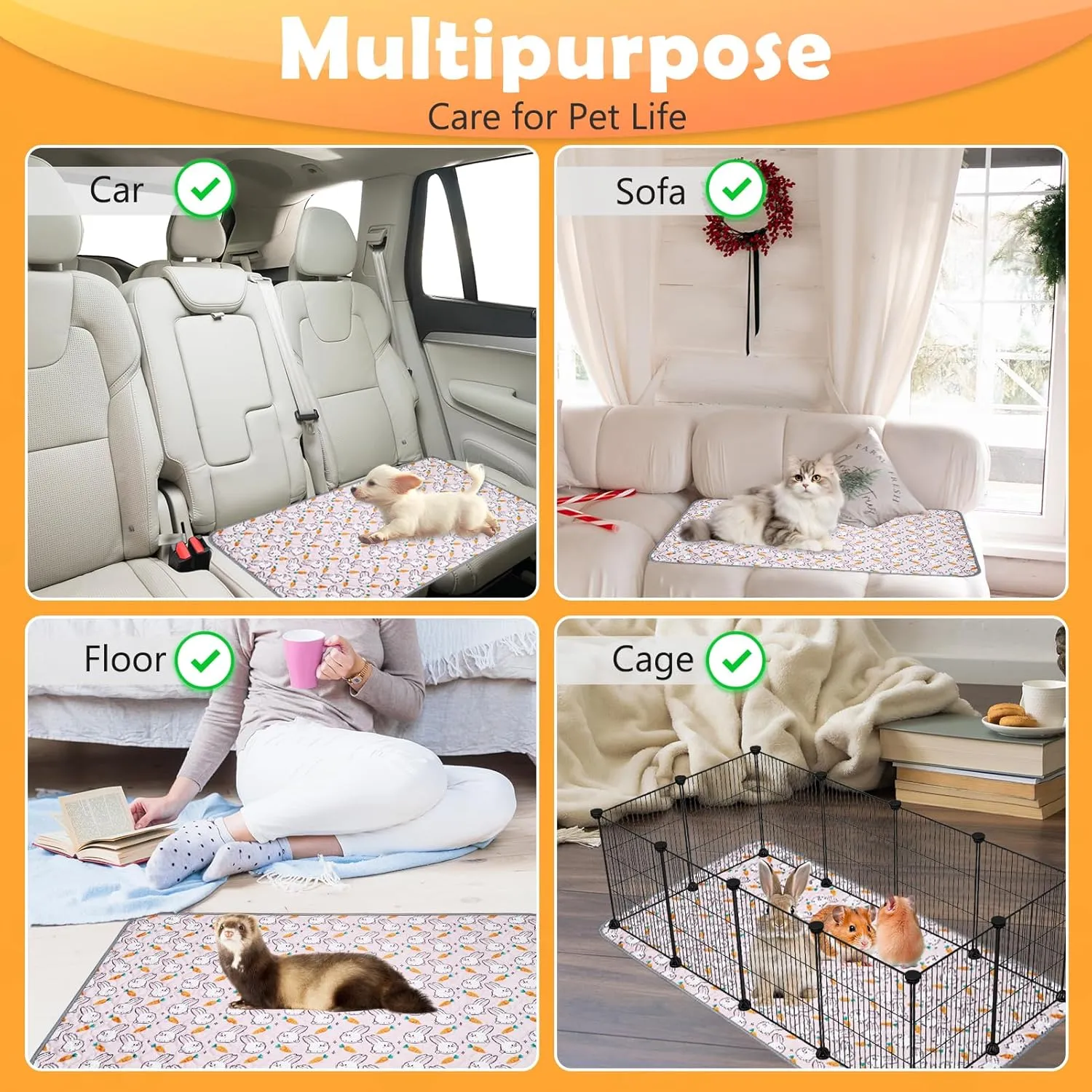 2 Pack Reusable Guinea Pig Cage Liners, 47" x 24" Washable Guinea Pig Pee Pads, Super Absorbent Waterproof Anti Slip Pee Pad, Guinea Pig Bedding Mat for Rabbit Hamster Small Animals - Pink