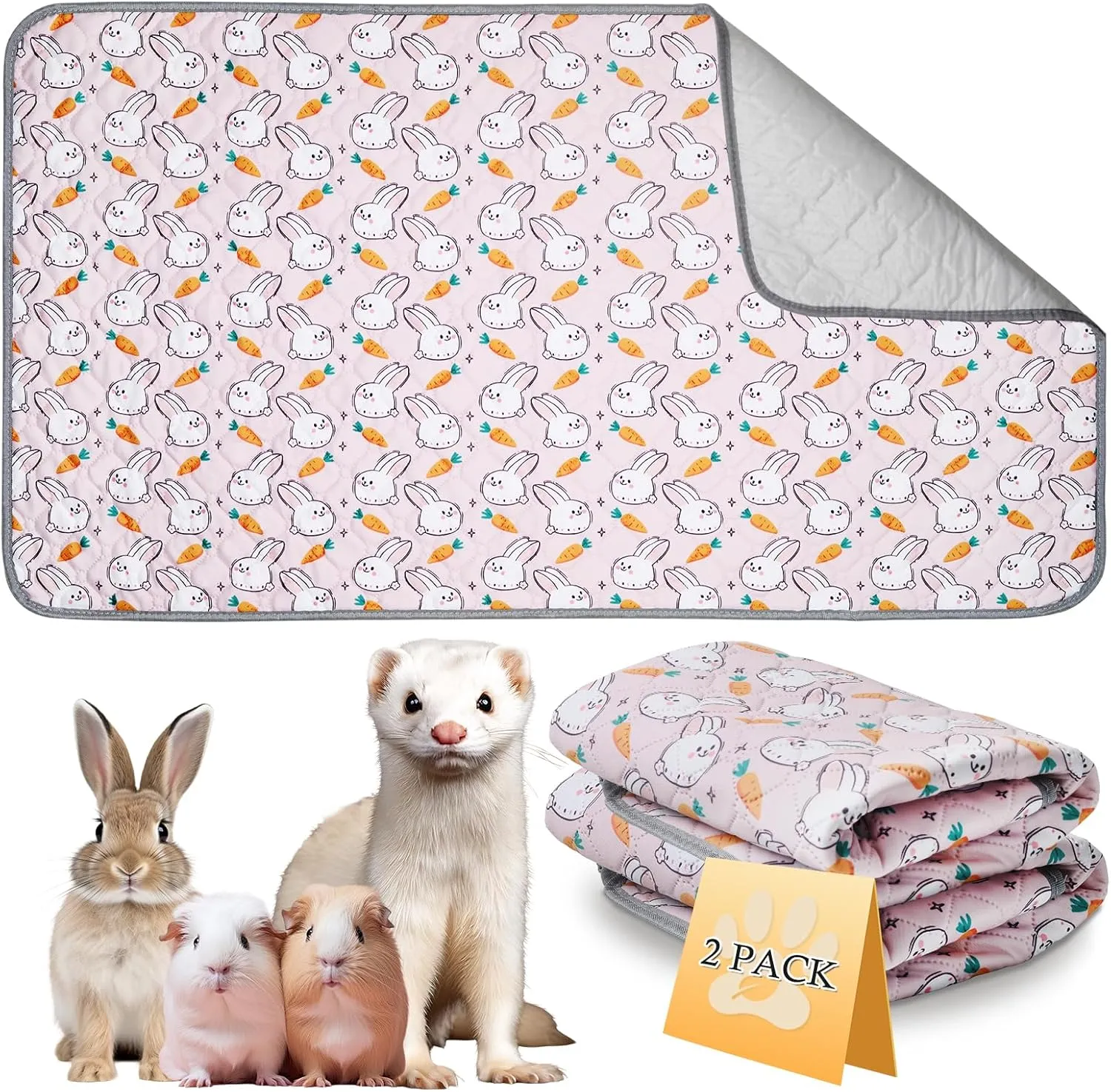 2 Pack Reusable Guinea Pig Cage Liners, 47" x 24" Washable Guinea Pig Pee Pads, Super Absorbent Waterproof Anti Slip Pee Pad, Guinea Pig Bedding Mat for Rabbit Hamster Small Animals - Pink
