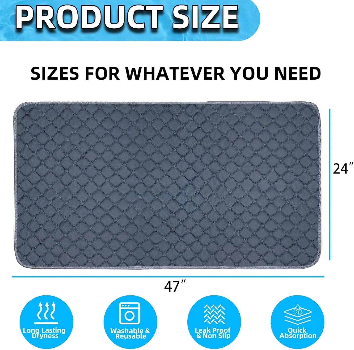 2 Pack Washable Guinea Pig Cage Liners, 24" x 47" Waterproof Reusable Guinea Pig Pee Pads Non Slip Super Absorbent Bedding Training Mat for Small Animals Rabbit Bunny Hamster - Grey