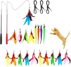 24PCS Cat Feather Toys, 2PCS Retractable Cat Wand and 15PCS Feather Replacements Plus 4PCS Worms and 3PCS Replacement String for Indoor Cats Kitten Interactive Play