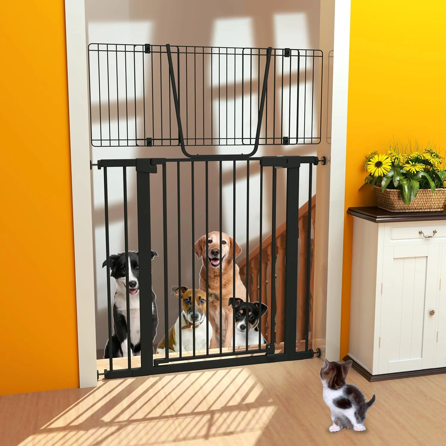 54" Extra Tall Cat Gate, 29.5-40.6" Extra Wide Pet Gate,No Drill Pressure Mounted Walk-Through Swing Door Auto Close for Stairs, Doorways, Kitchen (Black