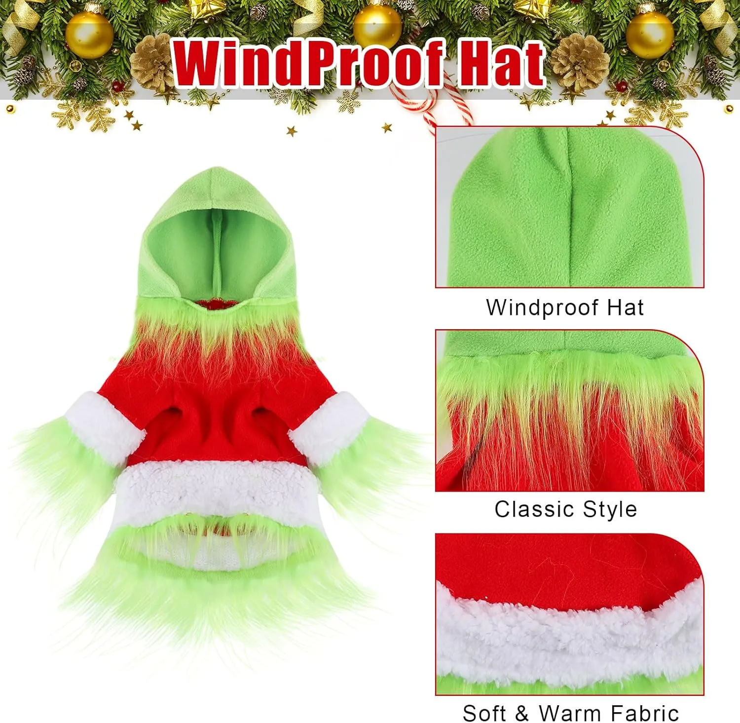 Abbylike Dog Christmas Outfit Holiday Pet Character Green Hoodie Shirt with Hat for Dogs and Cats Christmas Pet Clothes Cute Dog Christmas Outfit Cosplay Party as Shown(Classic,M)