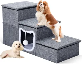 Bilibrara Dog Stairs for Small Dogs, Foldable Pet Steps for High Bed, Non-Slip 3-Step Cat Stairs with Storage, Condo and Fluffy Ball, Large Dog Indoor Ramp for Couch Window