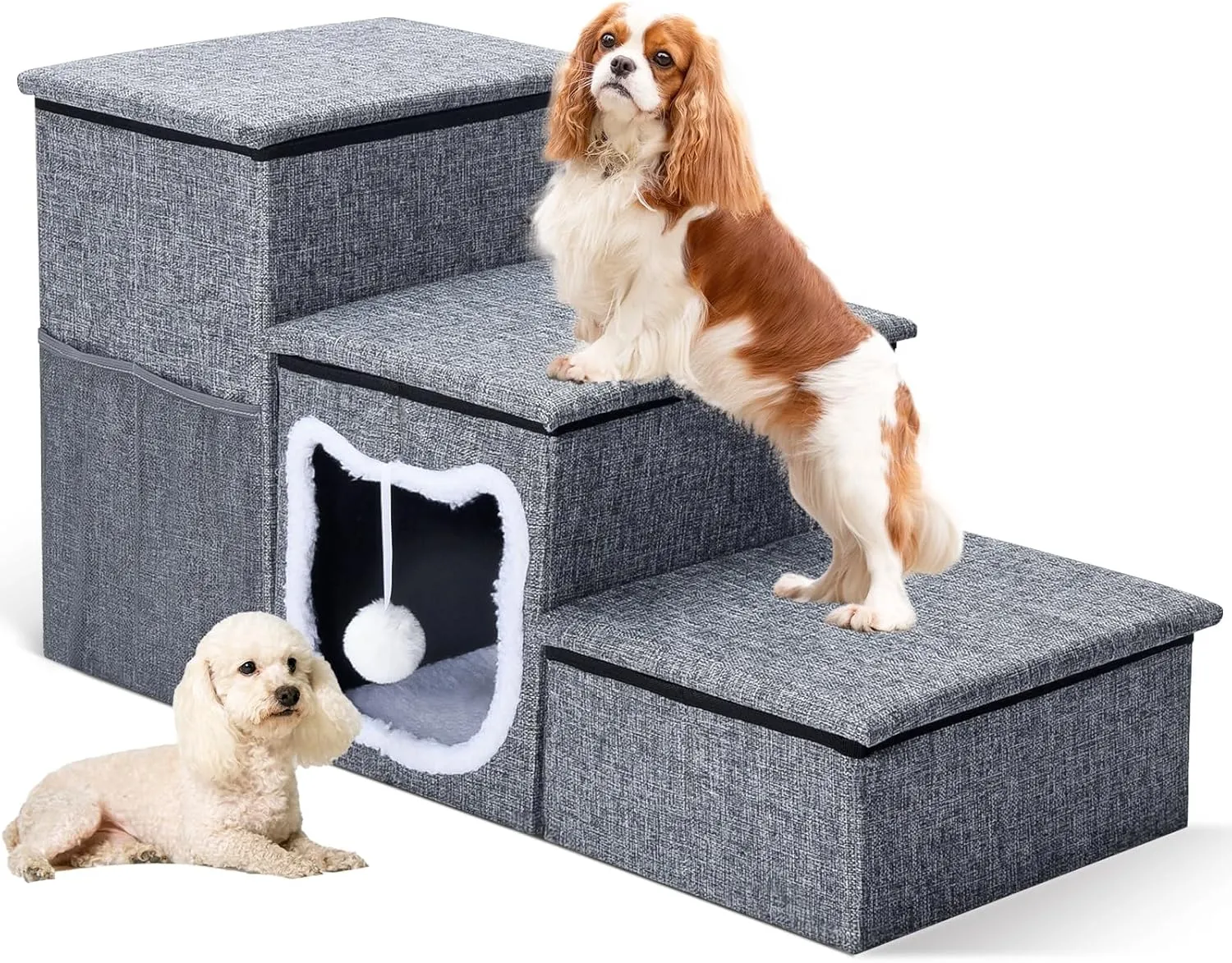 Bilibrara Dog Stairs for Small Dogs, Foldable Pet Steps for High Bed, Non-Slip 3-Step Cat Stairs with Storage, Condo and Fluffy Ball, Large Dog Indoor Ramp for Couch Window