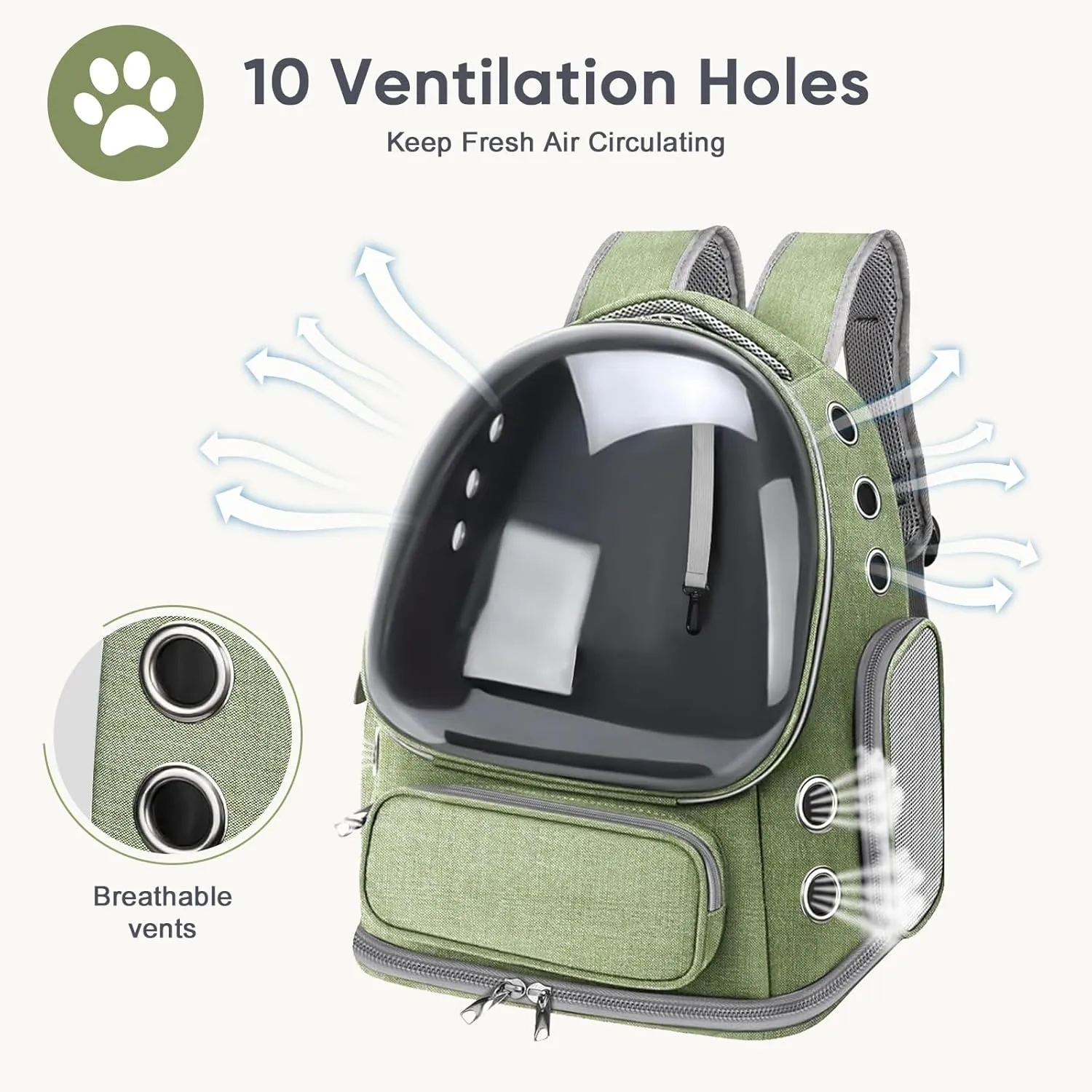 Breathable Cat Backpack Carrier, Large Space Cat Bubble Backpack for Kitty & Small Dog up to 18lbs, Foldable Cat Carrier Backpack, Transparent Airline Approved Carrier for Travel (Green)