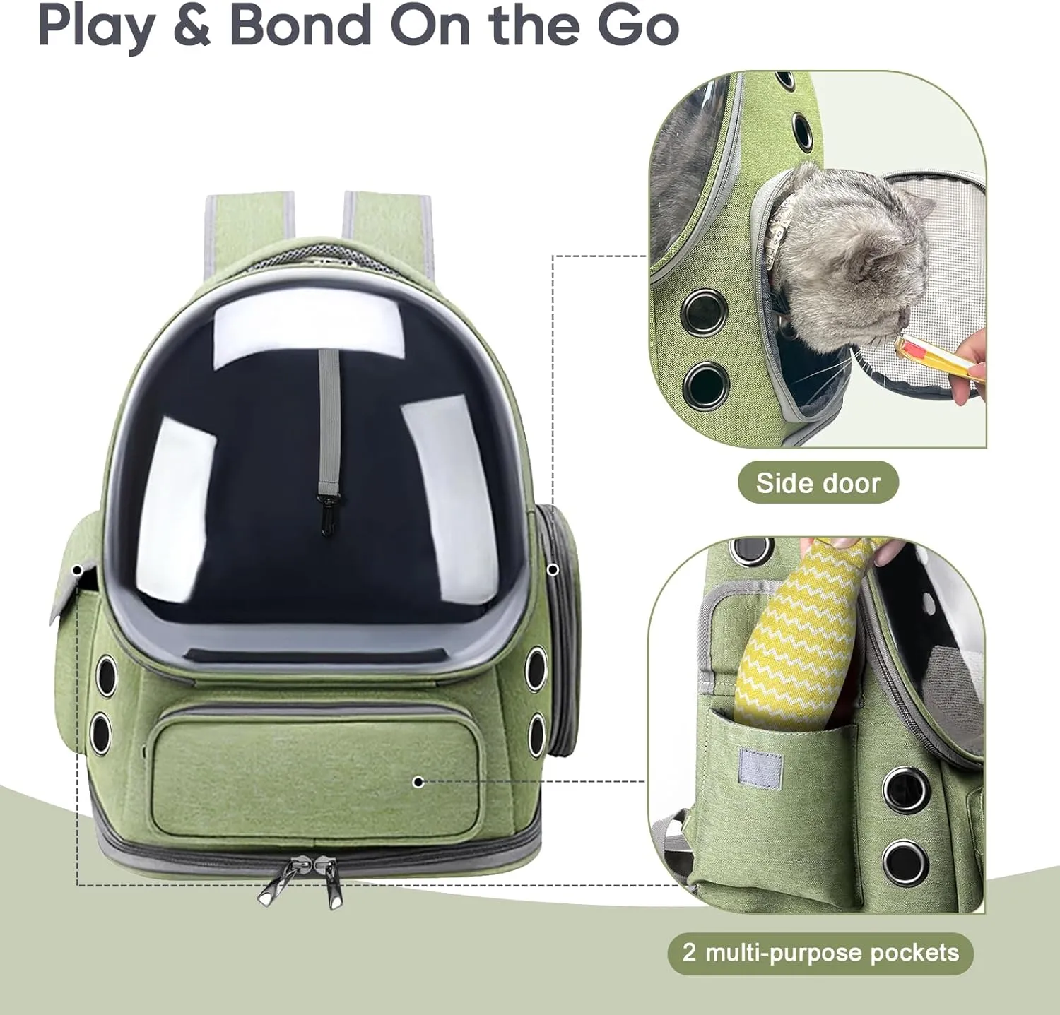 Breathable Cat Backpack Carrier, Large Space Cat Bubble Backpack for Kitty & Small Dog up to 18lbs, Foldable Cat Carrier Backpack, Transparent Airline Approved Carrier for Travel (Green)