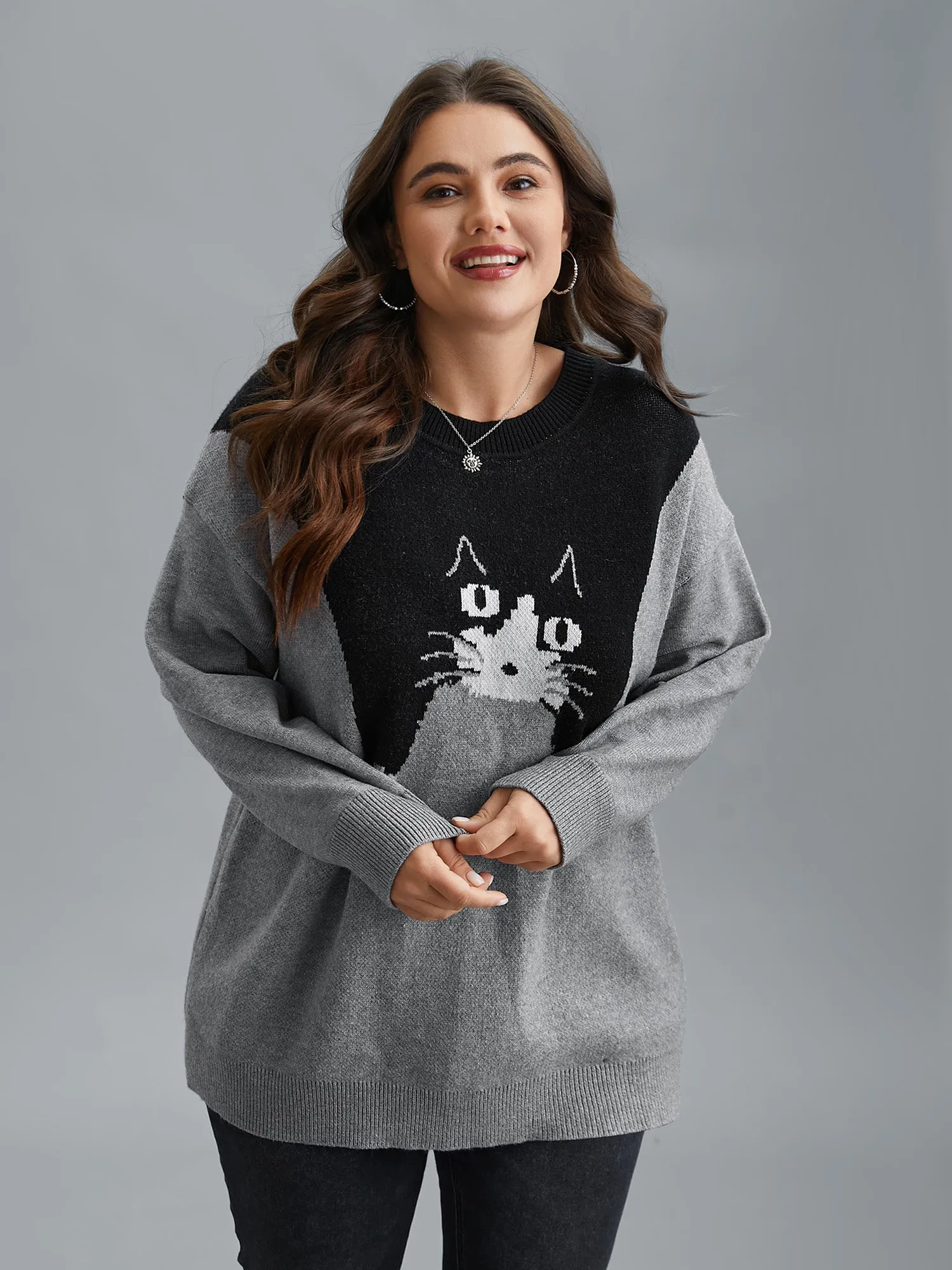 Cat Print Color Block Round Neck Pullover