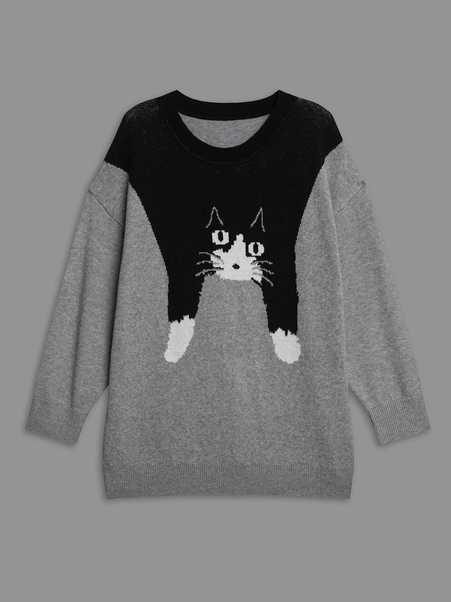 Cat Print Color Block Round Neck Pullover