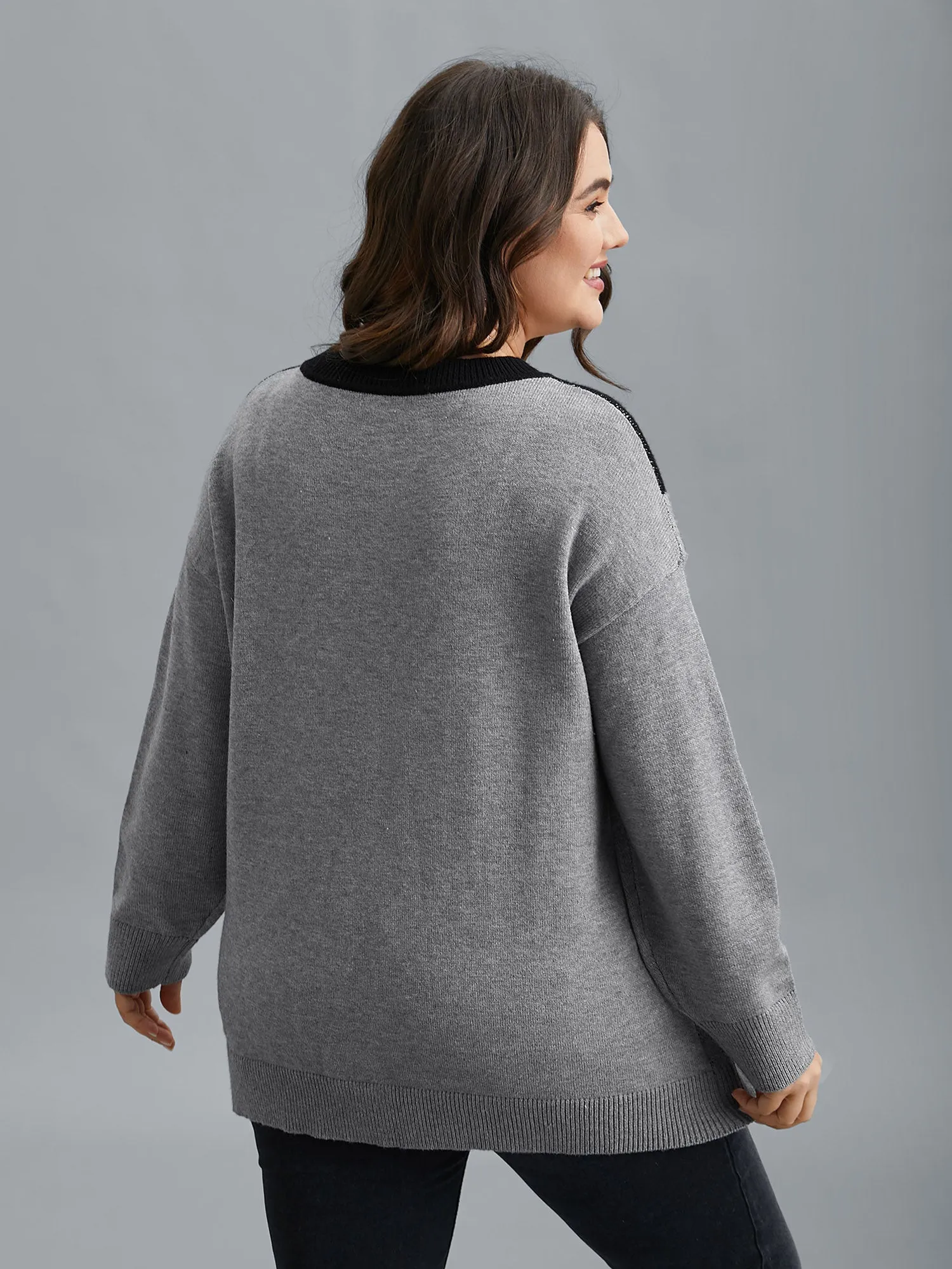 Cat Print Color Block Round Neck Pullover