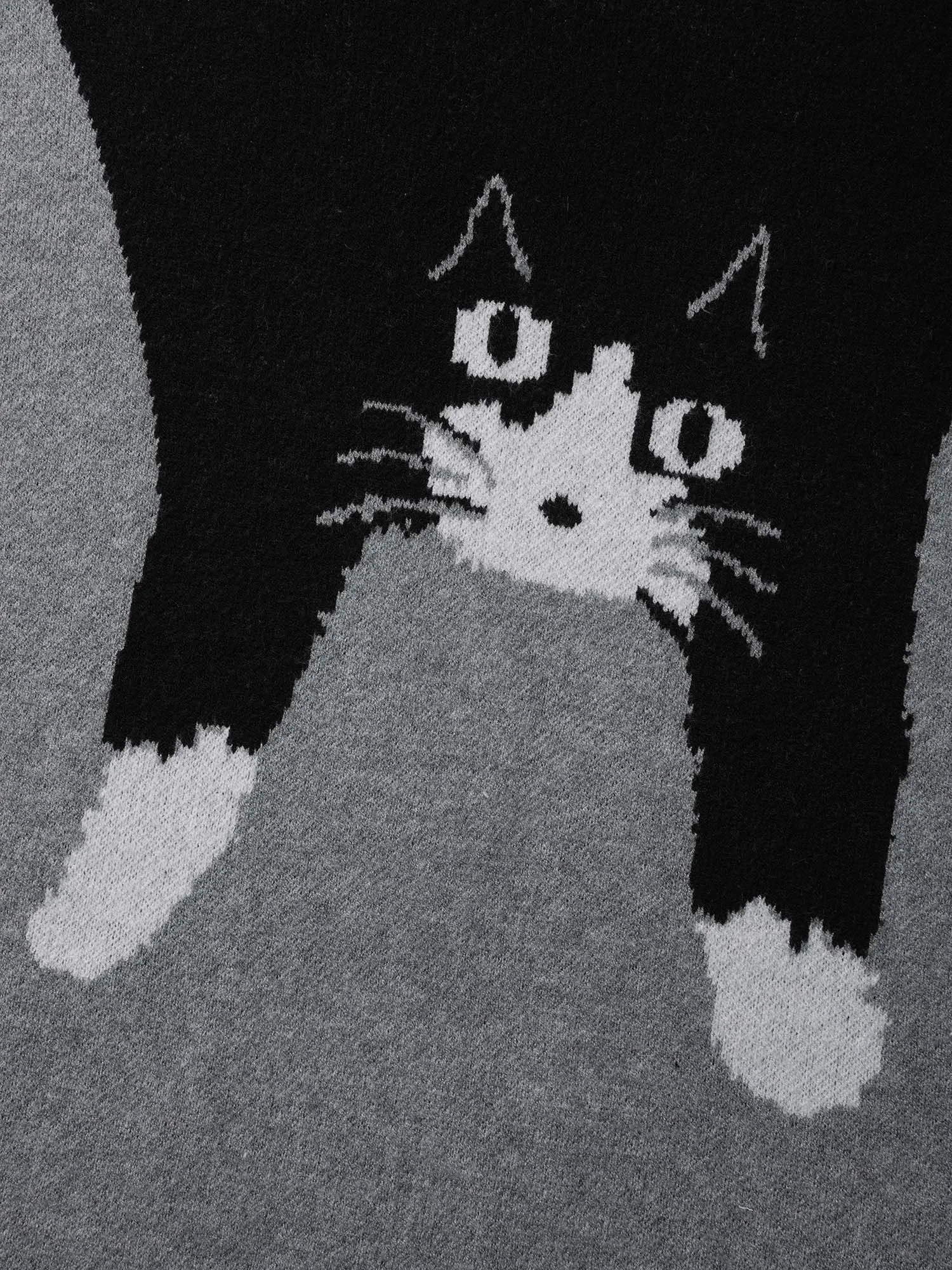 Cat Print Color Block Round Neck Pullover