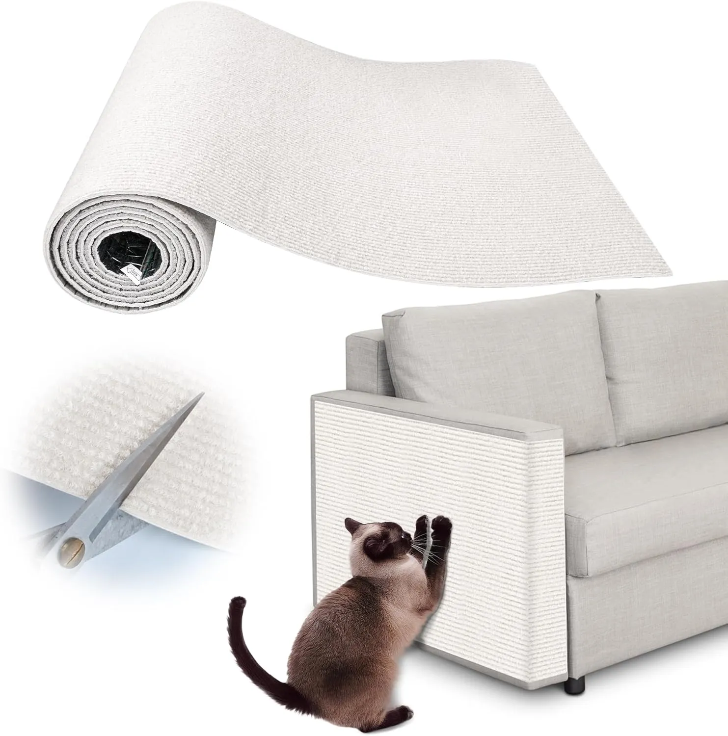 Cat Scratch Furniture Protector - 40" x 15.8" Trimmable Self-Adhesive Cat Claws Scratching Pads, Sisal DIY Climbing Couch Protector for Scratch Post Cats Tree Replacement Indoor (Cream White)