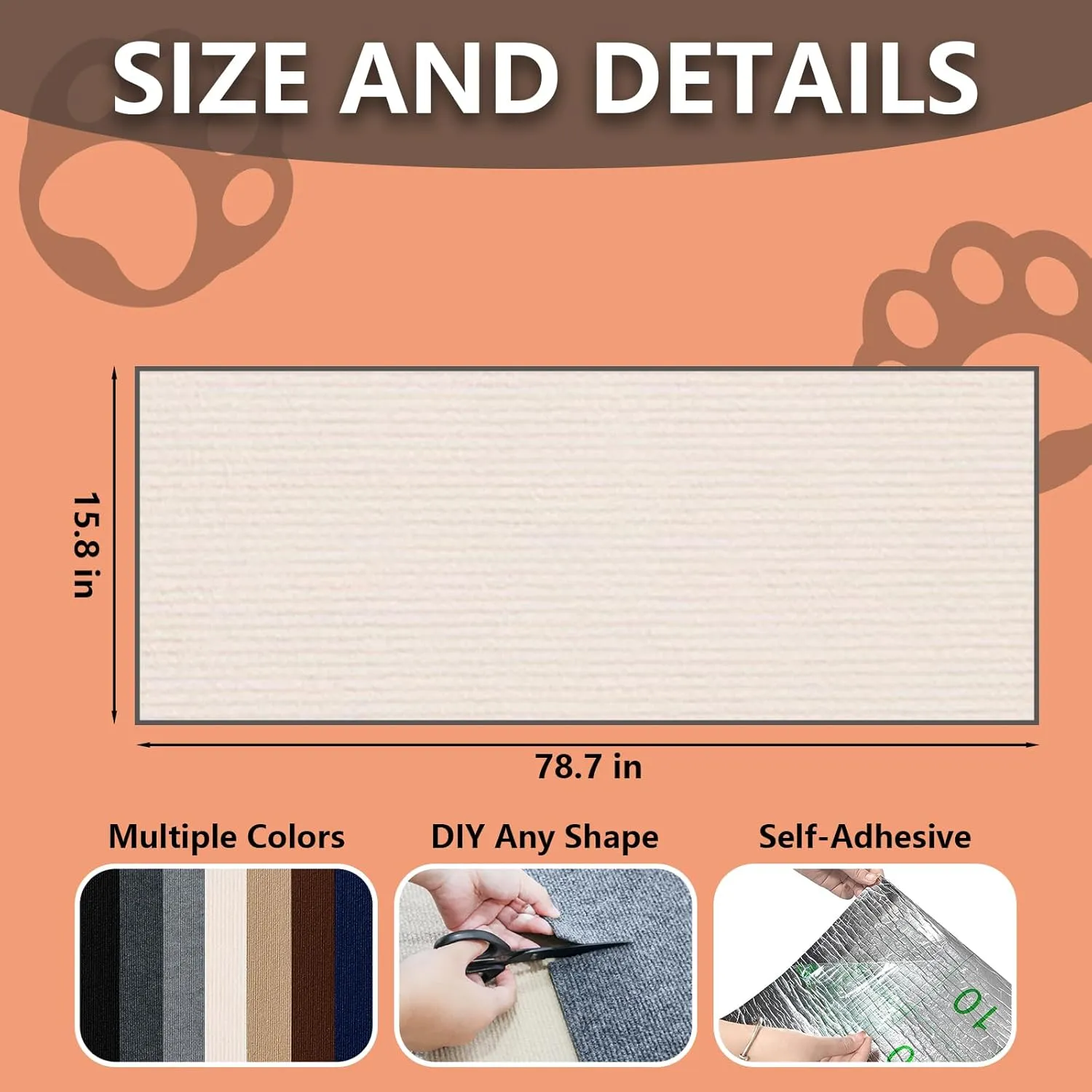 Cat Scratch Furniture Protector, 78.7"x15.8" Large Self-Adhesive Mat, Trimmable Scratch-Resistant Carpet for Sofa, Wall, Cat Tree & Door Protection, Durable Indoor Cat Scratcher (Off White)