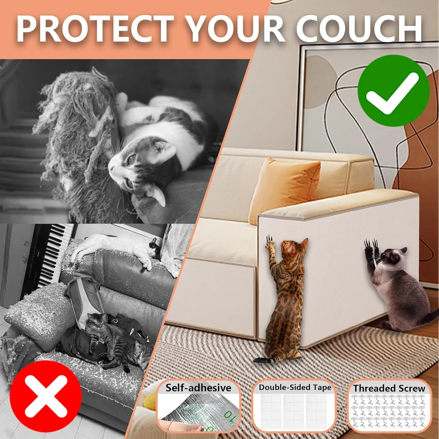 Cat Scratch Furniture Protector, 78.7"x15.8" Large Self-Adhesive Mat, Trimmable Scratch-Resistant Carpet for Sofa, Wall, Cat Tree & Door Protection, Durable Indoor Cat Scratcher (Off White)
