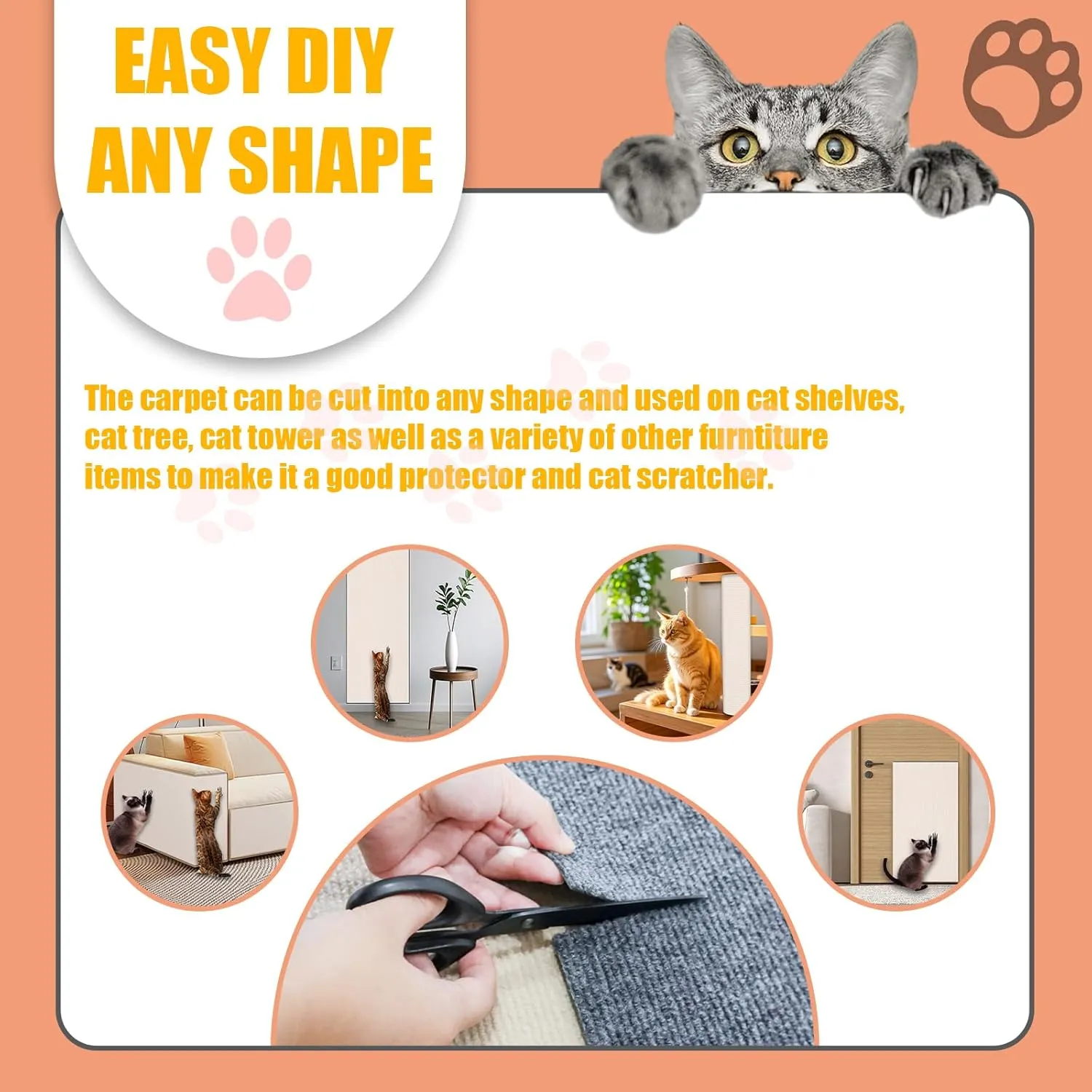 Cat Scratch Furniture Protector, 78.7"x15.8" Large Self-Adhesive Mat, Trimmable Scratch-Resistant Carpet for Sofa, Wall, Cat Tree & Door Protection, Durable Indoor Cat Scratcher (Off White)