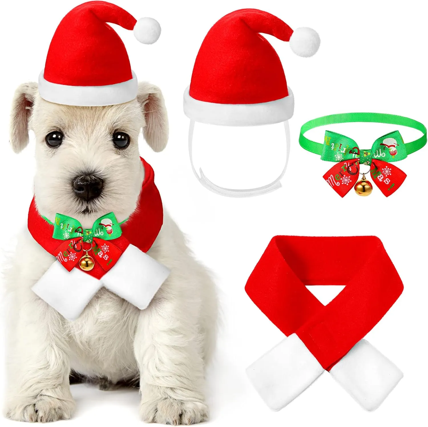 Christmas Dog Santa Hat with Scarf Pet Costume Dog Christmas Outfit Xmas Pet Hat Scarf Bow Tie Collar with Bell Dog Santa Claus Hat Scarf Suit for Cat Dog Puppy Cosplay Xmas Costumes Party Fancy Dress