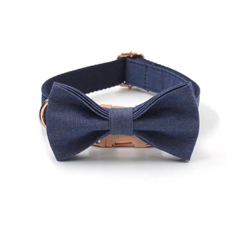 Custom Dog Collar with Leash Bow Tie Poop Bag Holder Dark Blue Jean Engraving Gold Buckle