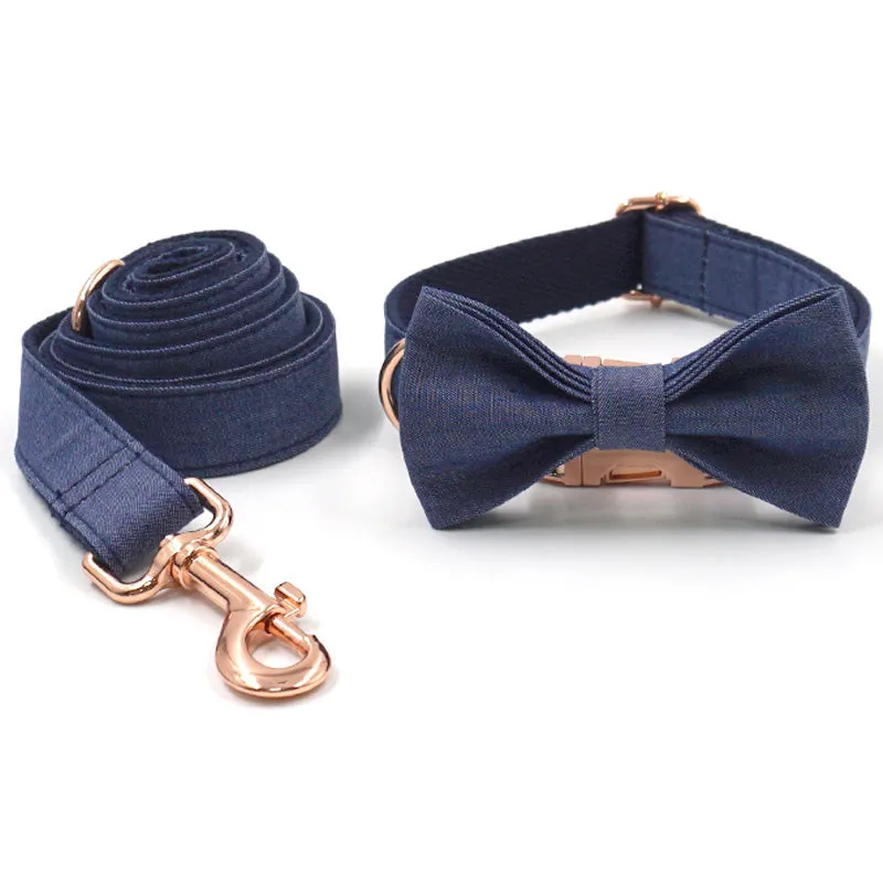 Custom Dog Collar with Leash Bow Tie Poop Bag Holder Dark Blue Jean Engraving Gold Buckle