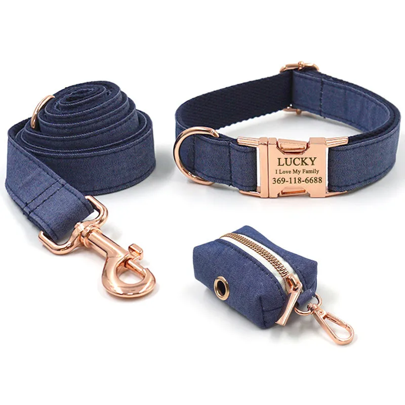 Custom Dog Collar with Leash Bow Tie Poop Bag Holder Dark Blue Jean Engraving Gold Buckle