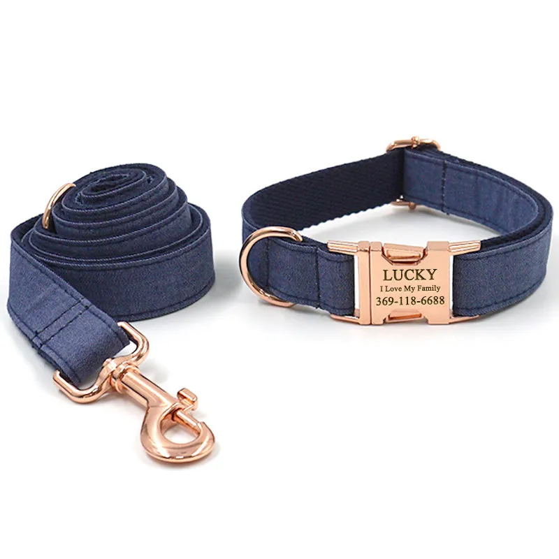 Custom Dog Collar with Leash Bow Tie Poop Bag Holder Dark Blue Jean Engraving Gold Buckle