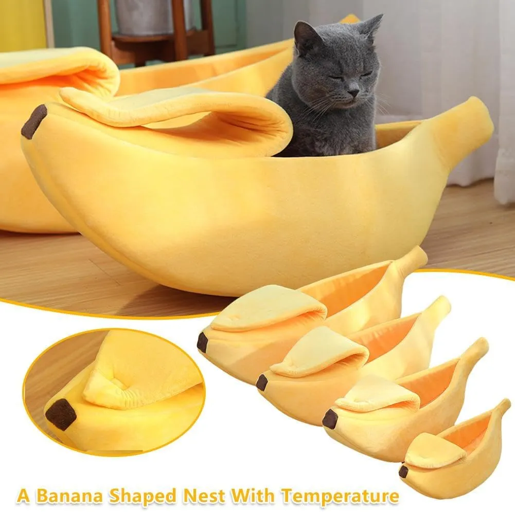Cute Banana Shape Cat Bed, Banana Bed for Indoor Cats, Banana Shape Pet Bed House, Banana Boat Bed for Cats Small Dogs, Self-Warming Winter House Bed Mat Pet Supplies for Puppy Kitten