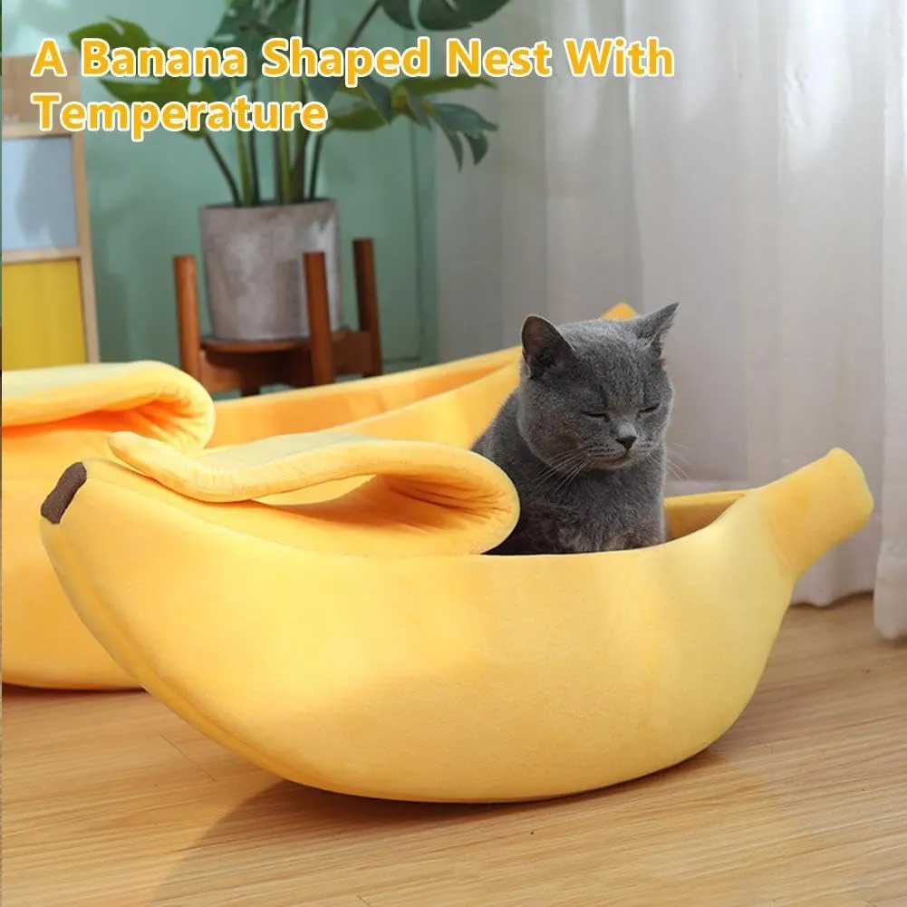 Cute Banana Shape Cat Bed, Banana Bed for Indoor Cats, Banana Shape Pet Bed House, Banana Boat Bed for Cats Small Dogs, Self-Warming Winter House Bed Mat Pet Supplies for Puppy Kitten