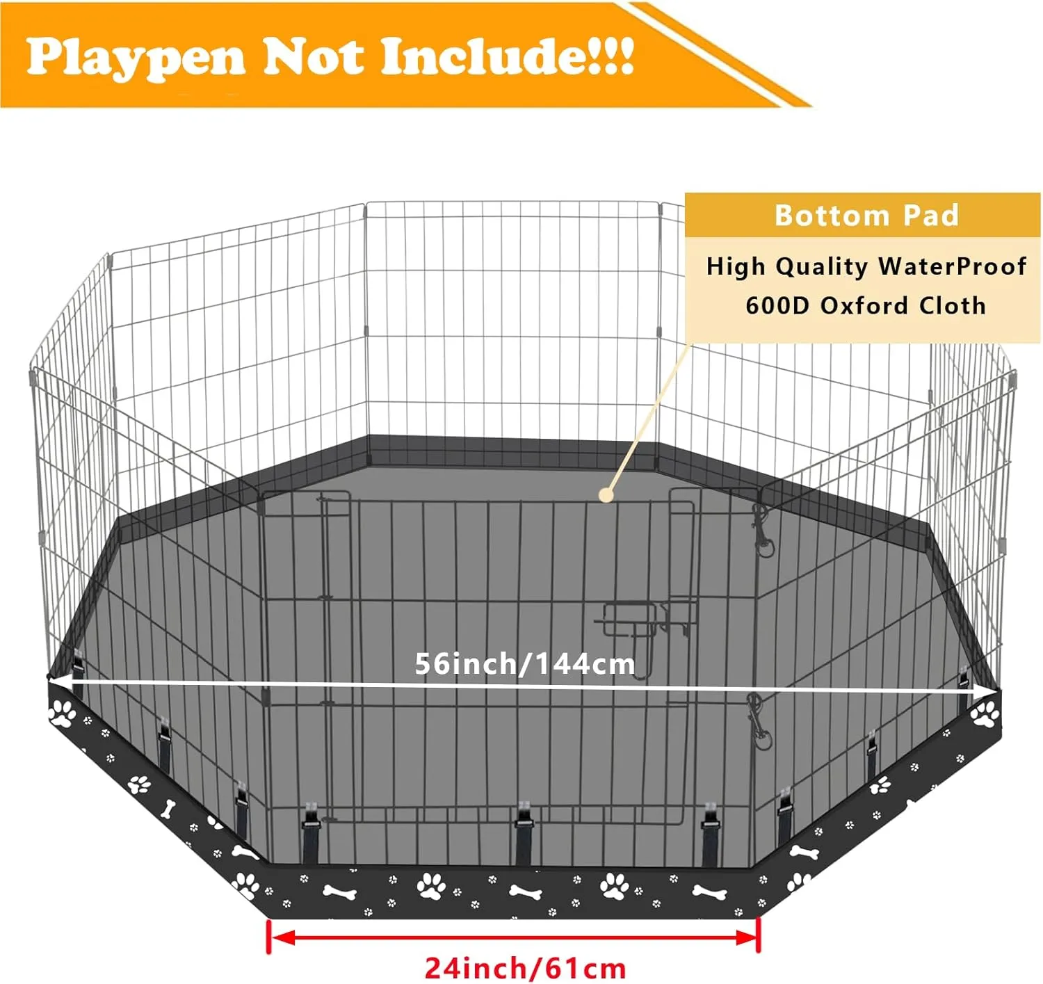Dog Playpen Bottom Pad Fits for 24 Inch 8 Panels Regular Octagon Metal Exercise Pet Playpen, Dog Crate Pad Puppy Playpen Pad. (Note: Playpen Not Included) -Black