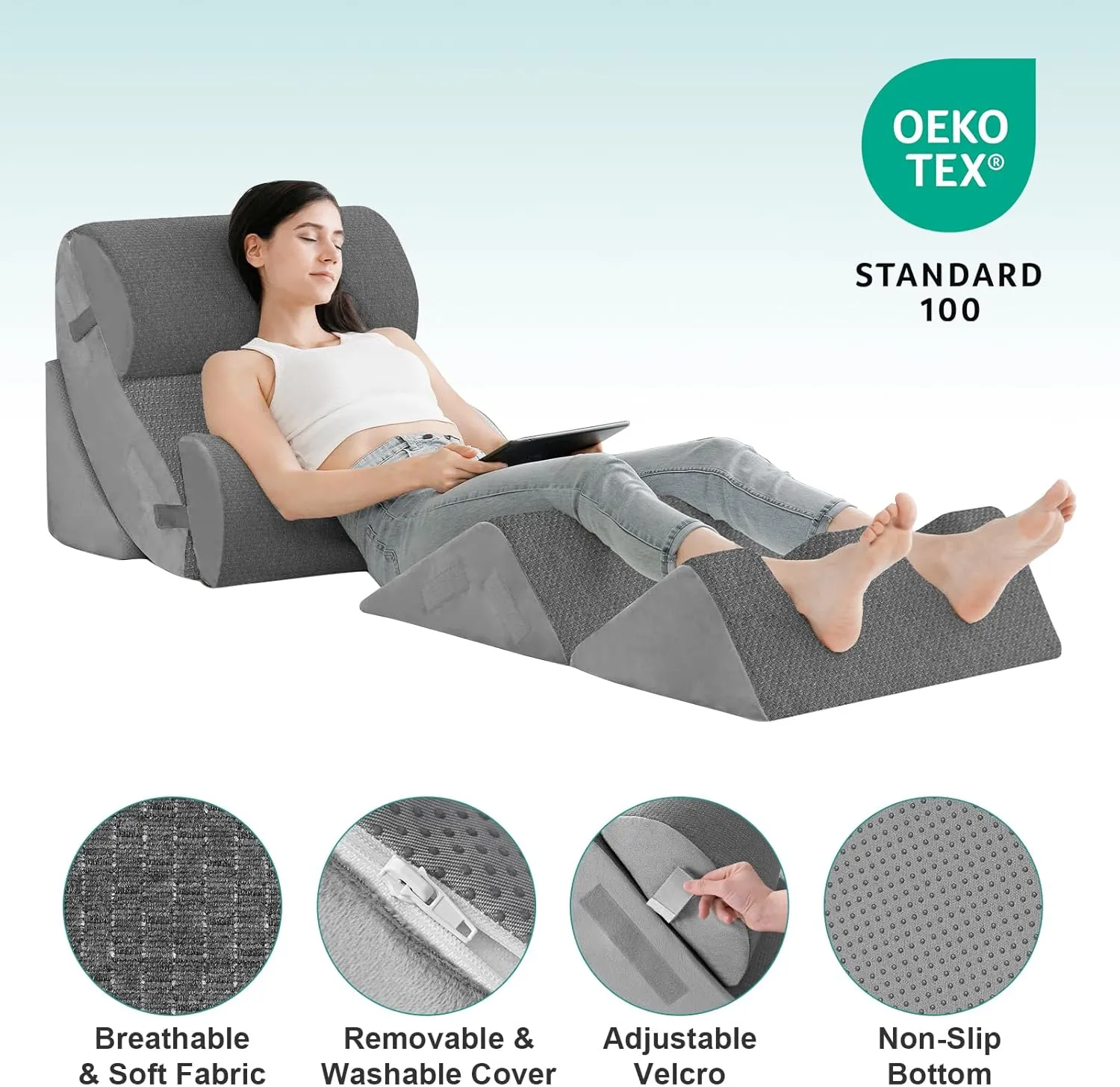 Hansleep 6PCS Orthopedic Bed Wedge Pillow for Sleeping, Adjustable Post Surgery Pillow Set for Body, Back and Leg Pain Relief, Memory Foam Support Pillows for After Surgery, Grey