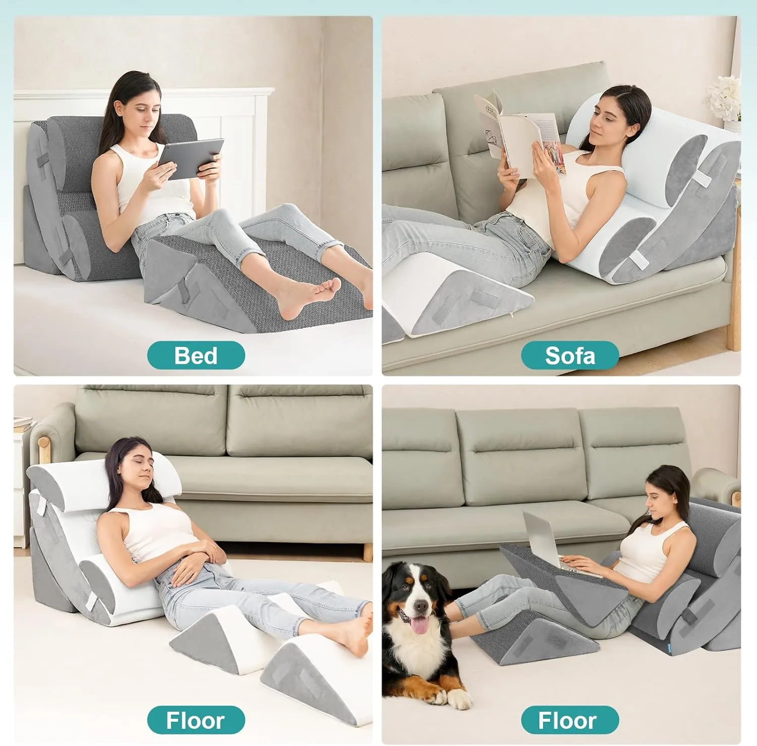 Hansleep 6PCS Orthopedic Bed Wedge Pillow for Sleeping, Adjustable Post Surgery Pillow Set for Body, Back and Leg Pain Relief, Memory Foam Support Pillows for After Surgery, Grey