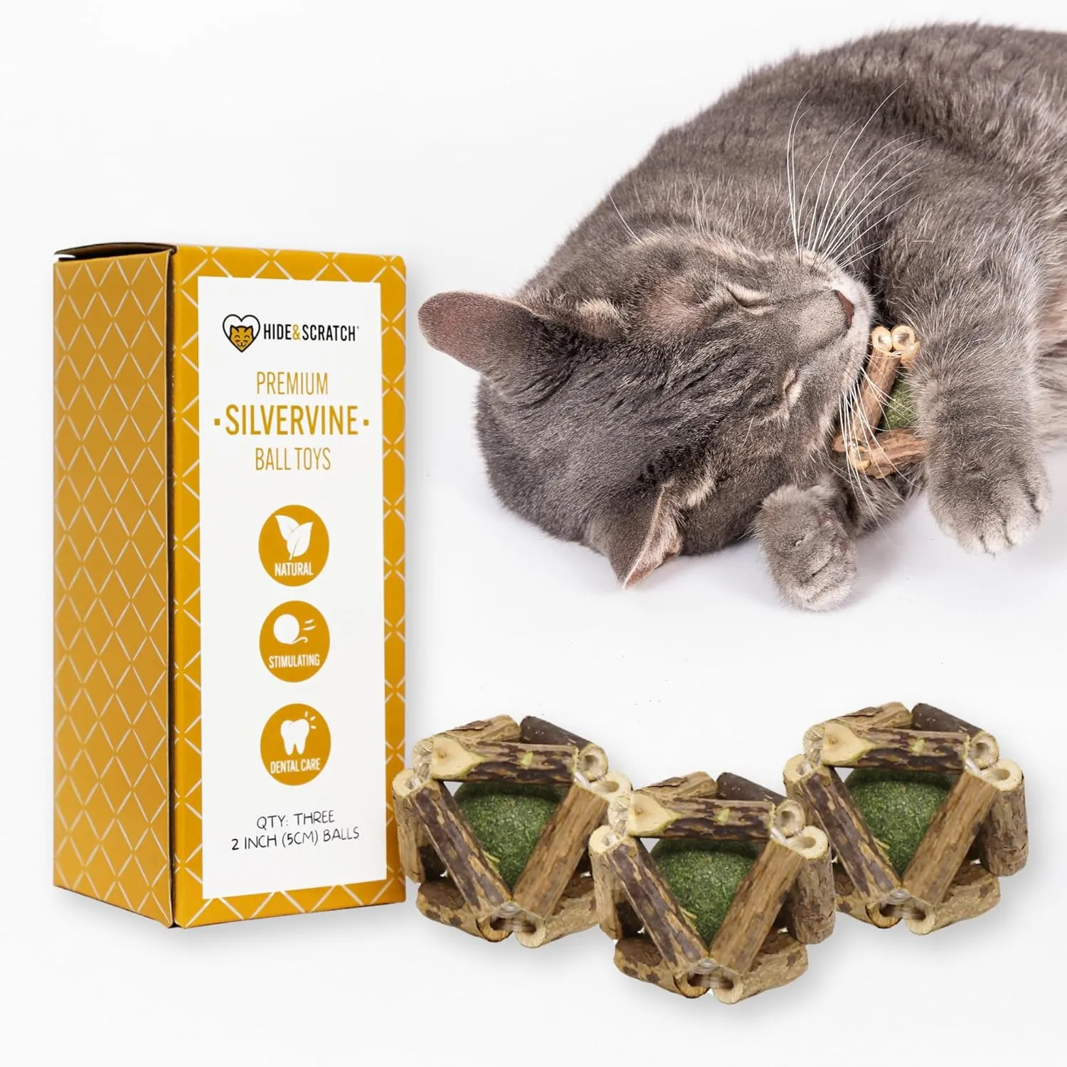 Hide & Scratch 3 Pack of Premium Silvervine and Catnip Rattle Ball Toys - All Natural, Hand-Woven Cat Chew Toys for Indoor Cats to Stimulate Play and Promote Dental Health