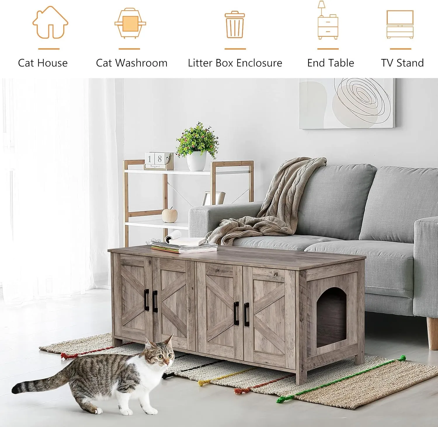 Homhedy Cat Litter Box Enclosure for 2 Cats, Litter Box Furniture Hidden with Double Room,Wooden Cat Washroom Furniture,Cat House,47.2L x 19.7W x 19.7H,Greige