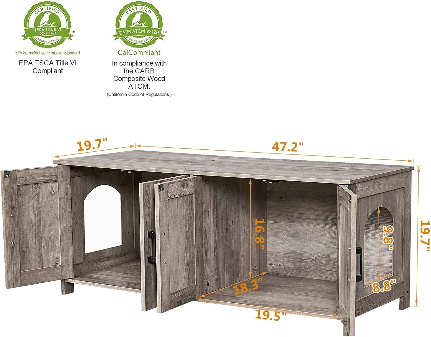 Homhedy Cat Litter Box Enclosure for 2 Cats, Litter Box Furniture Hidden with Double Room,Wooden Cat Washroom Furniture,Cat House,47.2L x 19.7W x 19.7H,Greige