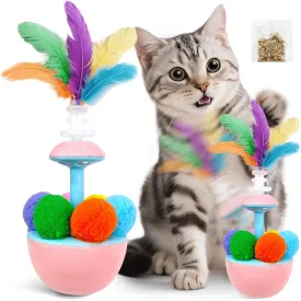Interactive Cat Toys for Indoor Cats, Roly Poly Wobble Stimulation Kitty Cat Toy to Keep Them Busy for Bored Adult Cats Self Play, Cute Funny Kitten Feathers & Ball Toys with Silvervine(Pink)