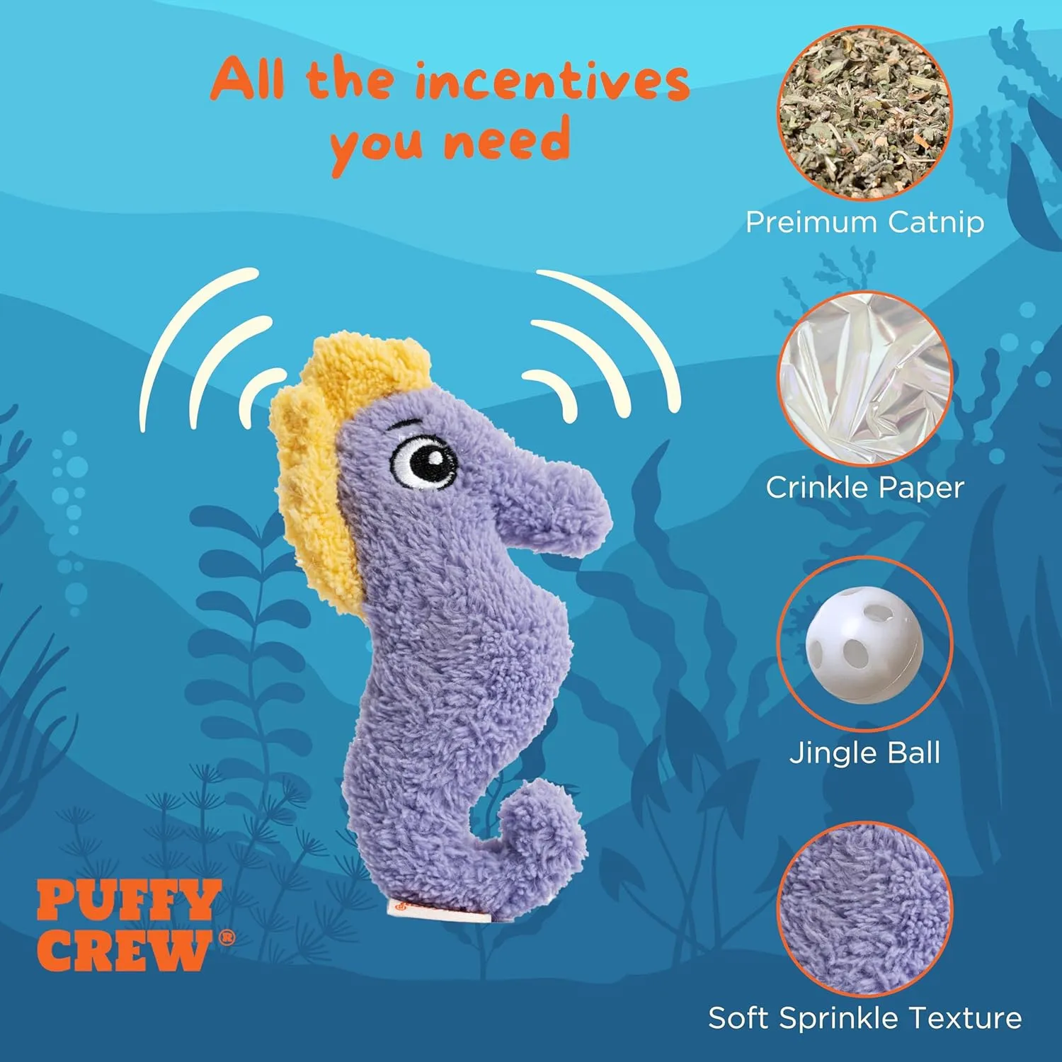 Interactive Catnip Cat Plush Toy, Ocean Theme, 5'', for All Breed Size Cats (Seahorse)