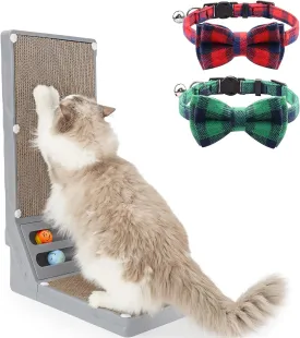 Joytale L Shaped Cat Scratcher and Cat Collar with Bells Set, Interactive Cat Scratching Board with 2 Ball Toys and 2 Pack Breakaway Cat Collars with Bow Tie, Green Red