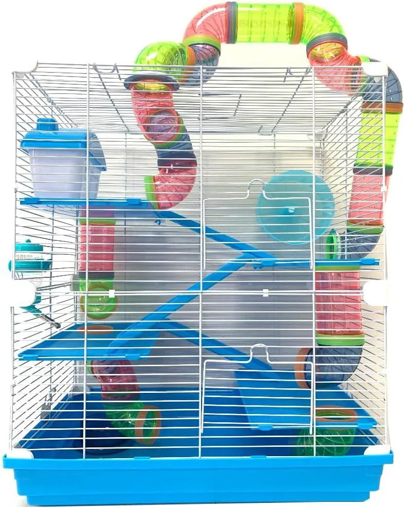 Large 5-Floors Hamster Mansion Mouse Habitat Gerbil Mice Home Paw Safe Platform Ladder Cage with Hide House Exercise Running Wheel Water Bottle Food Dish Deep Base