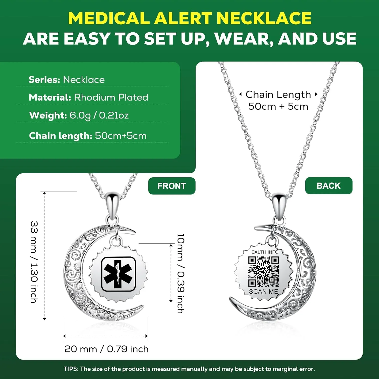 Medical Alert Necklace for Women - Stainless Steel Medical Necklace Engraved QR Code - More Space Custom Online Emergency Info