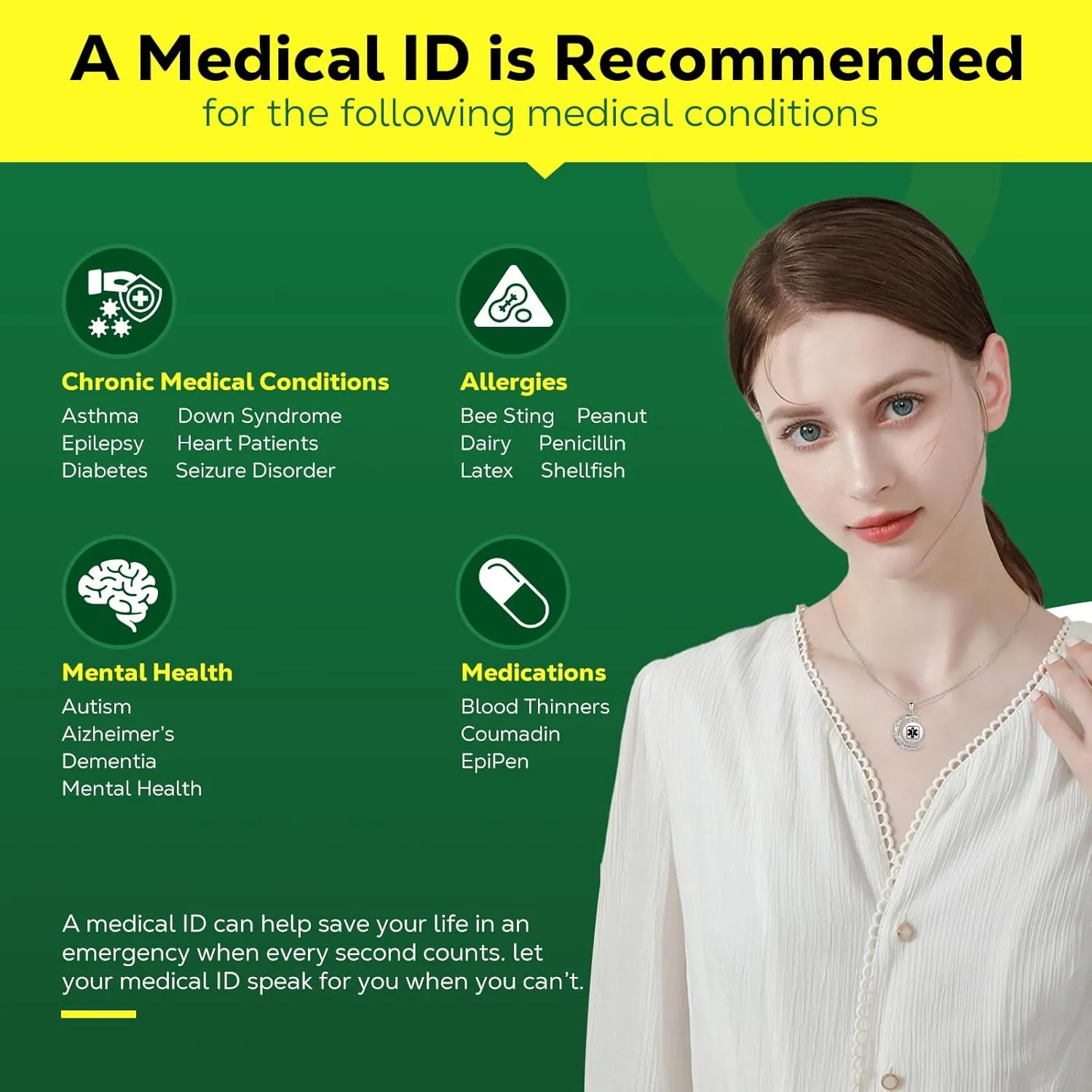 Medical Alert Necklace for Women - Stainless Steel Medical Necklace Engraved QR Code - More Space Custom Online Emergency Info