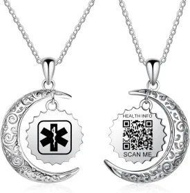 Medical Alert Necklace for Women - Stainless Steel Medical Necklace Engraved QR Code - More Space Custom Online Emergency Info