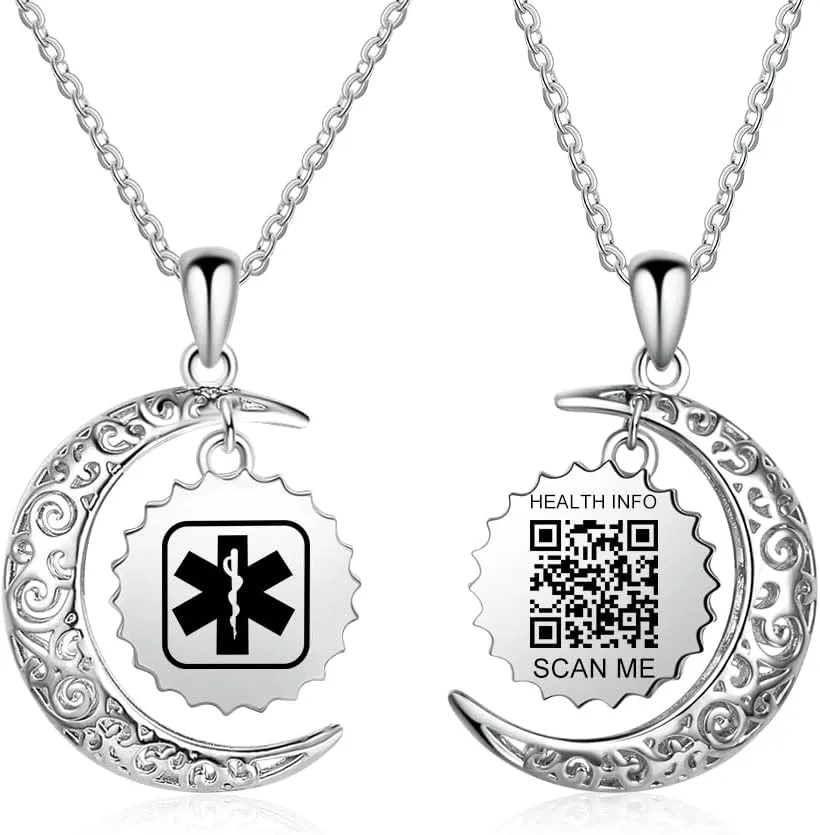 Medical Alert Necklace for Women - Stainless Steel Medical Necklace Engraved QR Code - More Space Custom Online Emergency Info