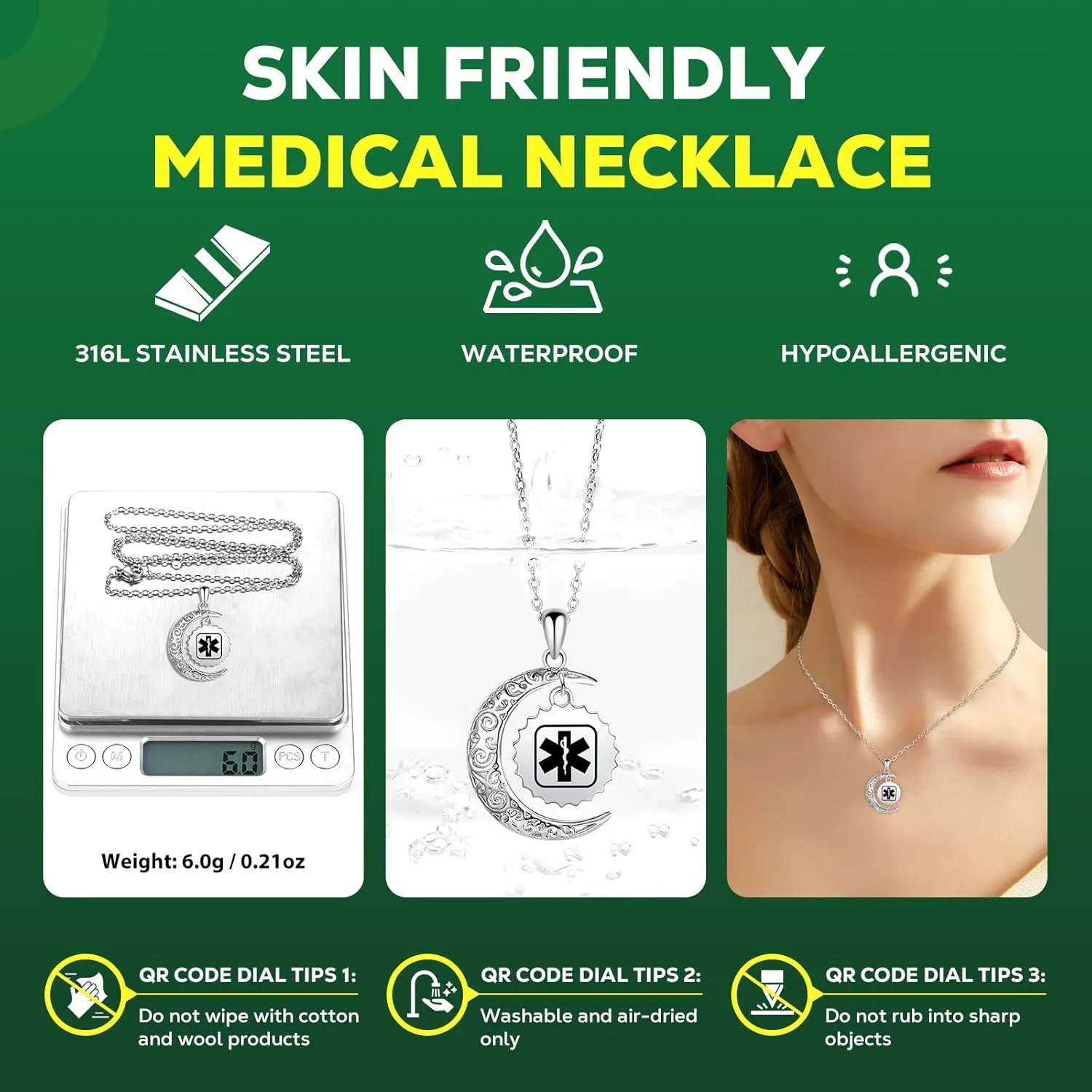Medical Alert Necklace for Women - Stainless Steel Medical Necklace Engraved QR Code - More Space Custom Online Emergency Info