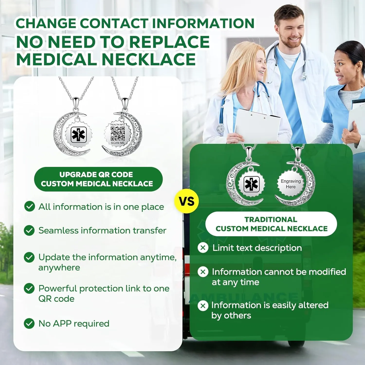 Medical Alert Necklace for Women - Stainless Steel Medical Necklace Engraved QR Code - More Space Custom Online Emergency Info