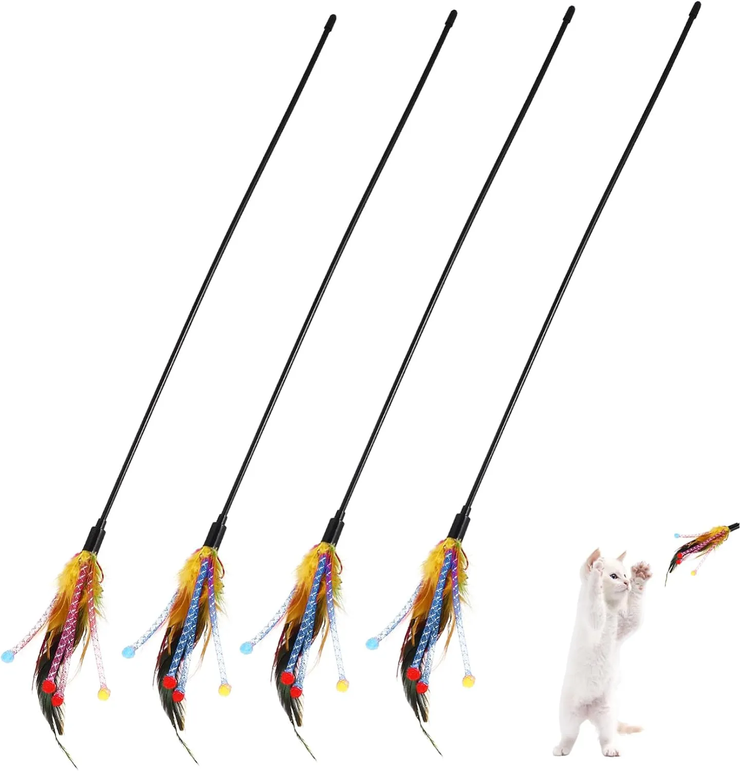 MERRYHAPY Cat Feather Teaser Toys 4 Pieces Interactive Cat Wand Set High Energy Toys for Cats Fabric Stripe and Random