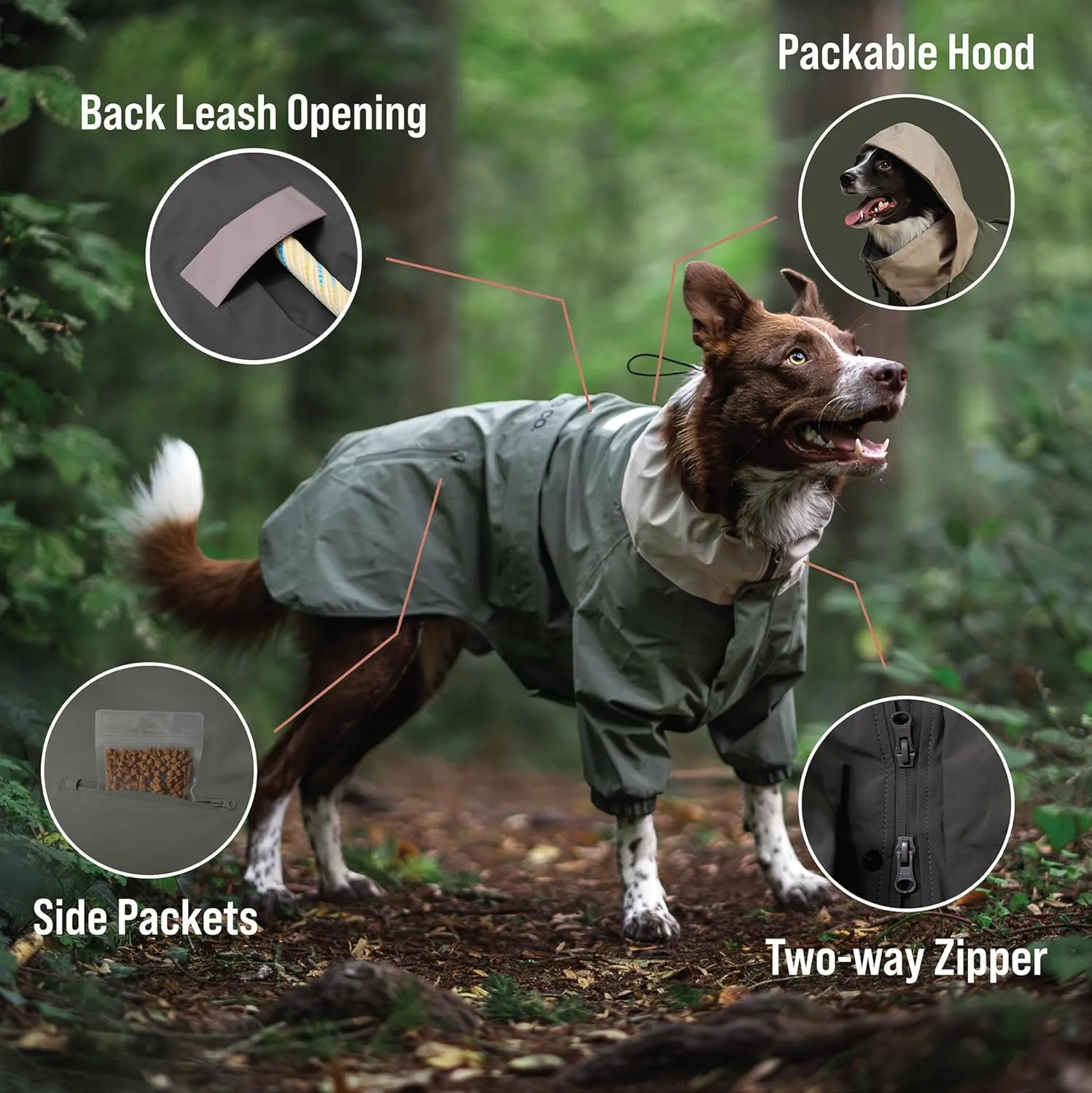 Midnight Forest Dog Jacket - Water-Resistant & Adjustable | Large Dog Raincoat with Packable Hood