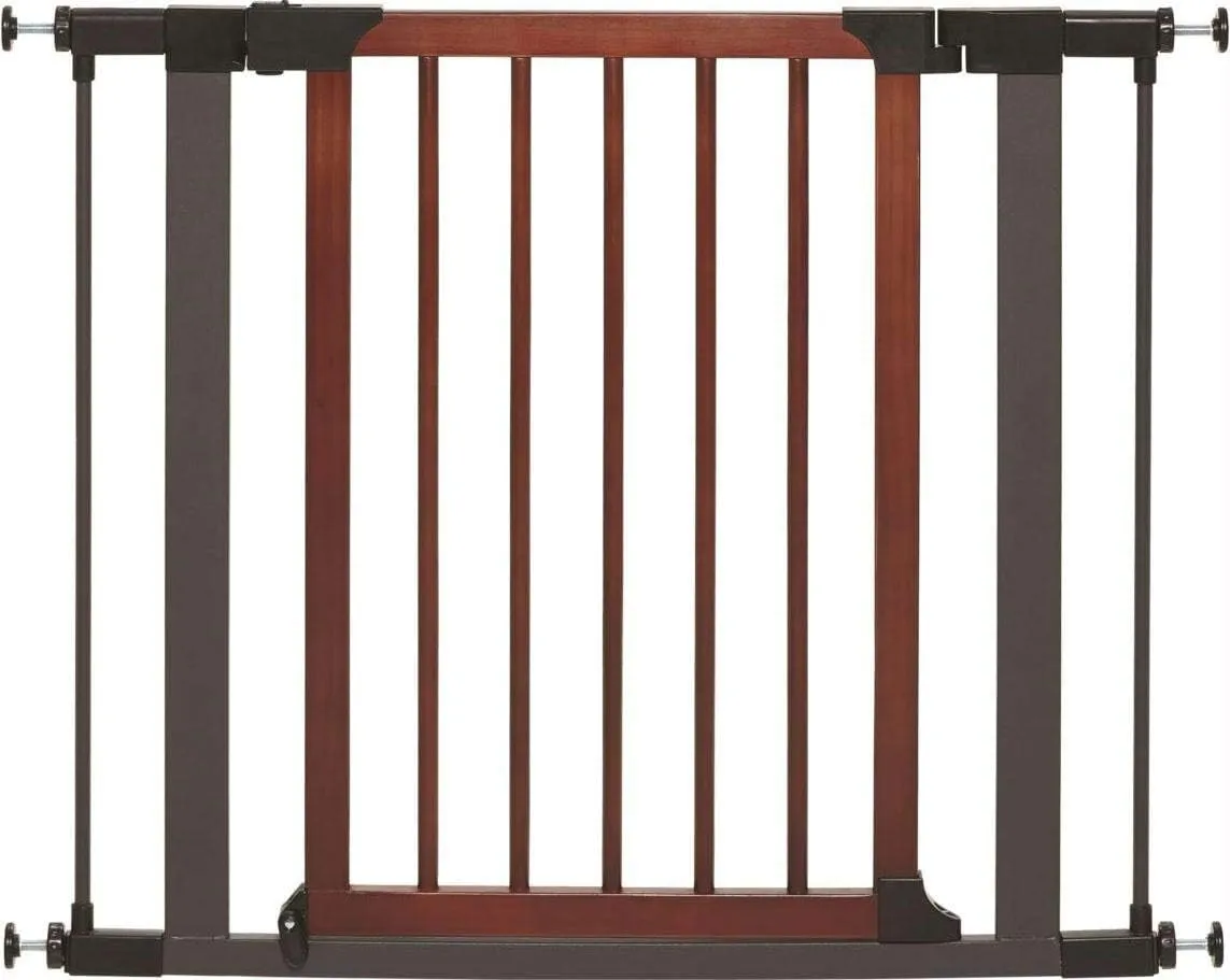 MidWest Homes for Pets 29 Inches Tall Walk-Though Wood Decorative Steel Pet Gate, Pressure Mounted Dog Gate Measures 29H x 29.5-38W Inches & Includes Two 3-Inch-Wide Extensions, Wood Decorative