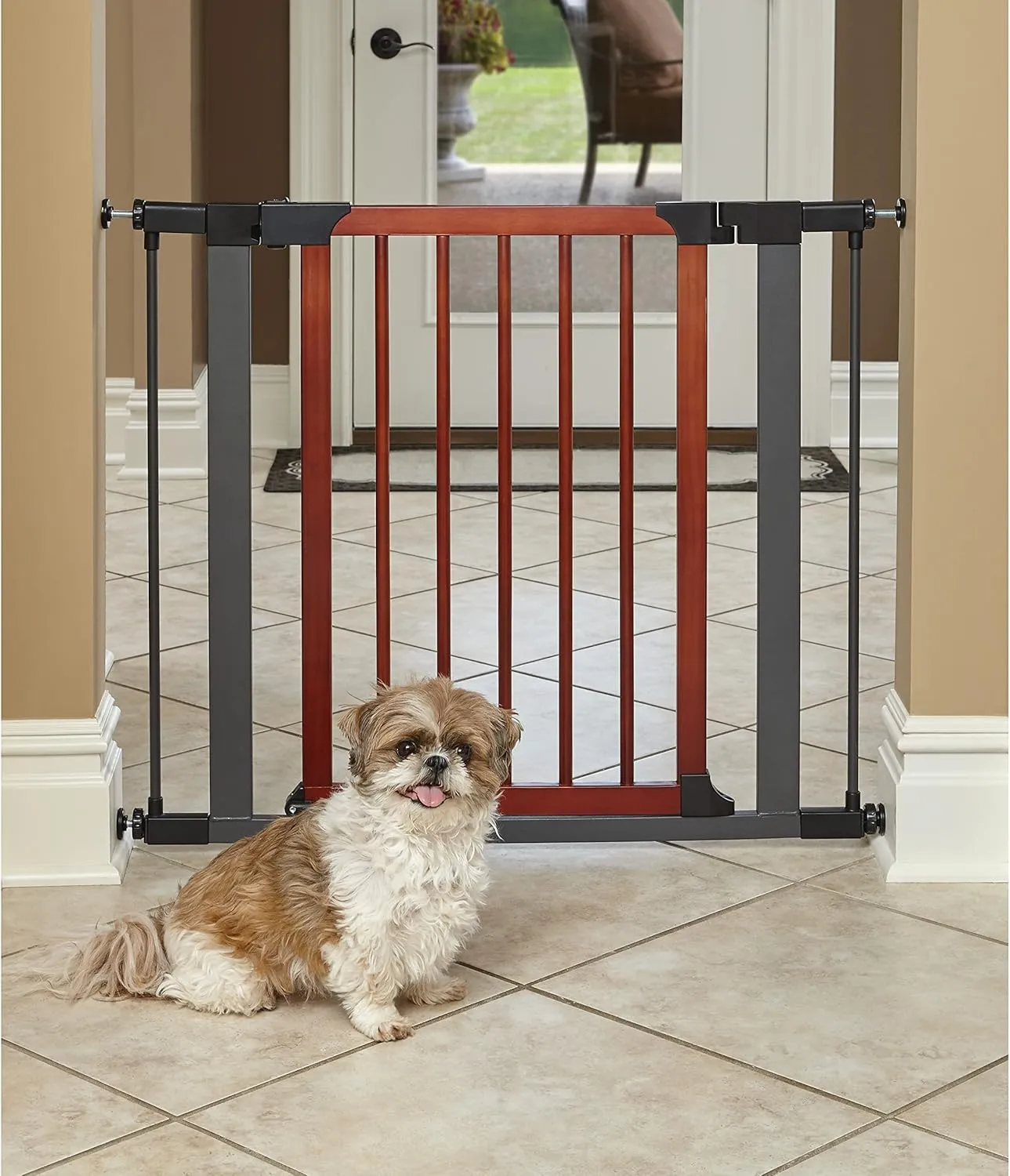 MidWest Homes for Pets 29 Inches Tall Walk-Though Wood Decorative Steel Pet Gate, Pressure Mounted Dog Gate Measures 29H x 29.5-38W Inches & Includes Two 3-Inch-Wide Extensions, Wood Decorative